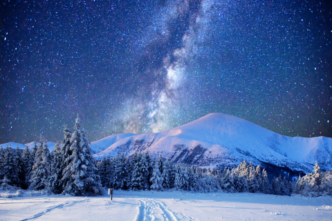 Download mobile wallpaper Landscape, Winter, Sky, Stars, Snow, Mountain, Earth for free.