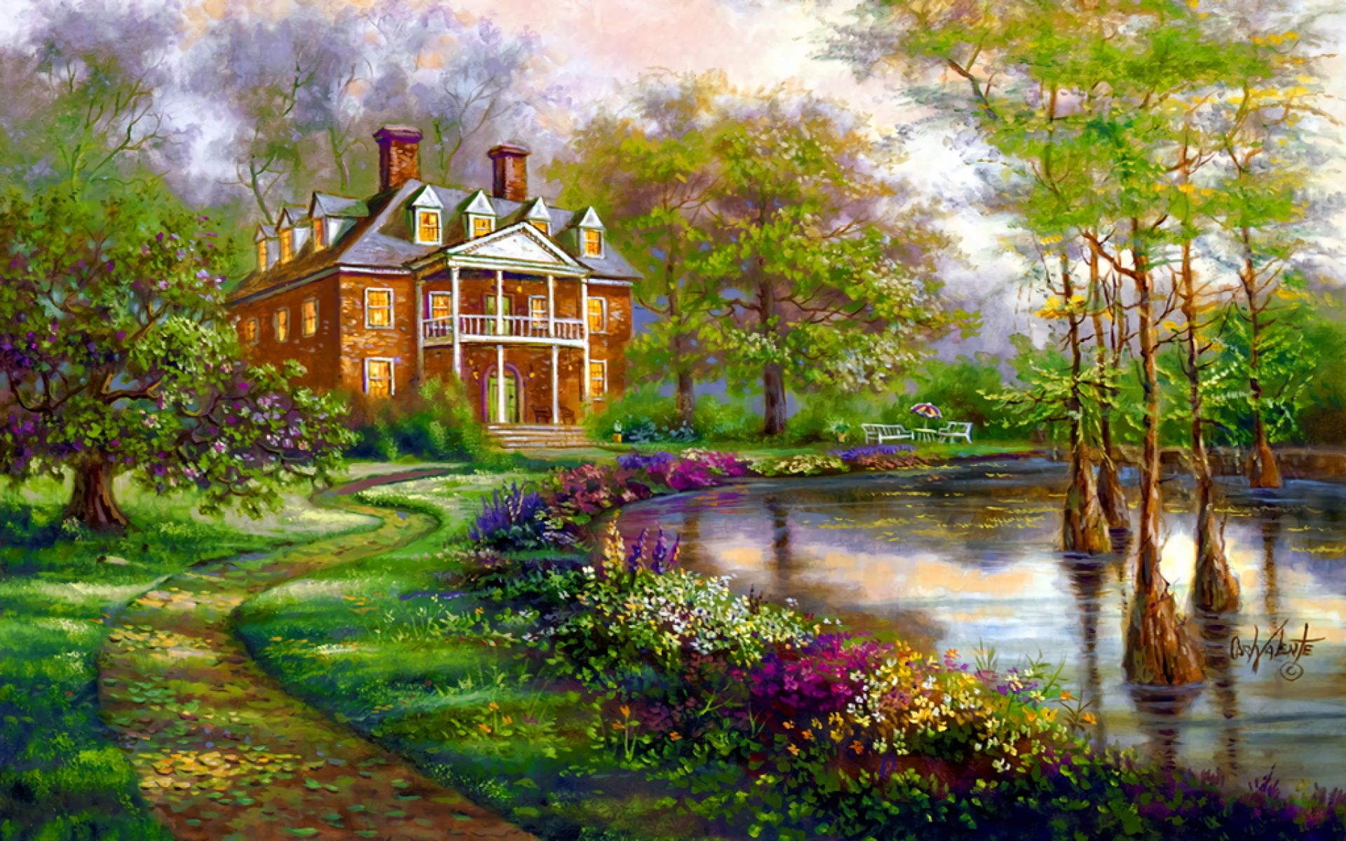 artistic, painting, cottage, flower, manor pond, mansion, tree