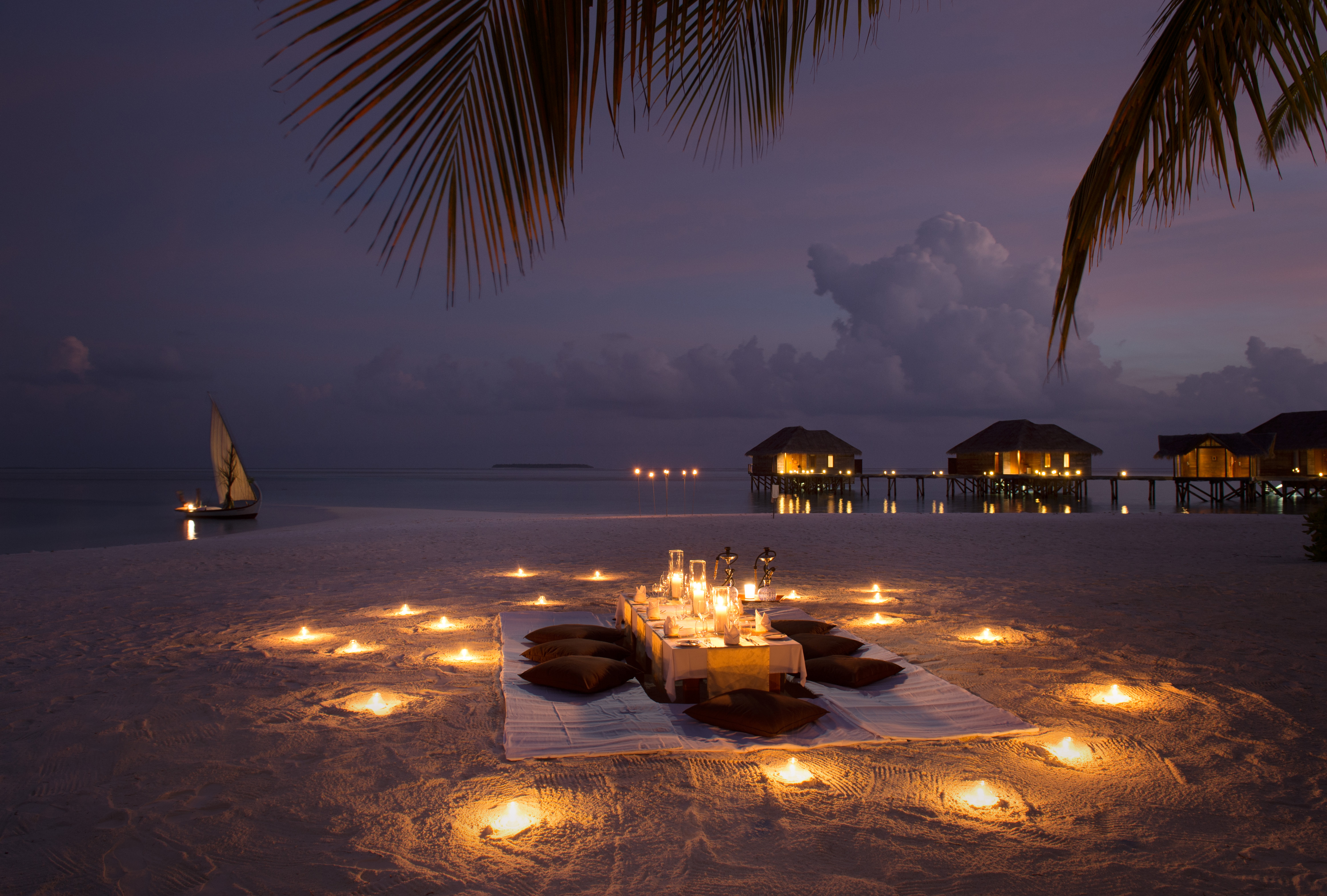 bungalow, photography, holiday, beach, boat, candle, cloud, horizon, night, sand, sky