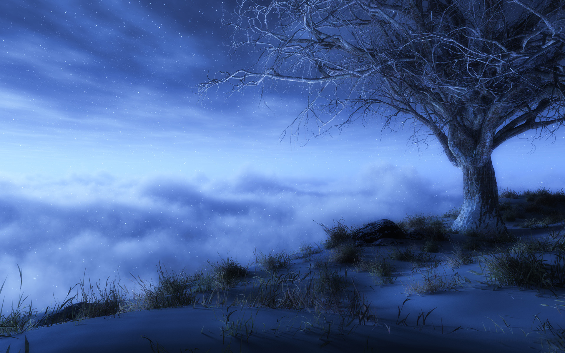 175490 descargar fondo de pantalla artístico, niebla, fantasía, nube, árbol solitario, cielo, estrellas, árbol: protectores de pantalla e imágenes gratis