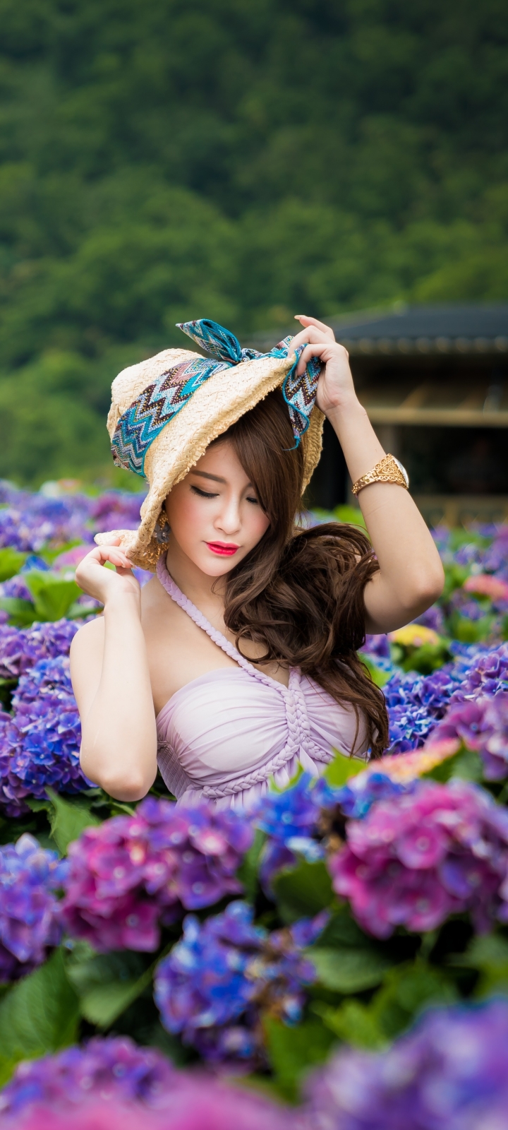 無料モバイル壁紙花, 帽子, あじさい, ブルネット, モデル, 女性, 長い髪, アジア人, 青い花, 被写界深度をダウンロードします。
