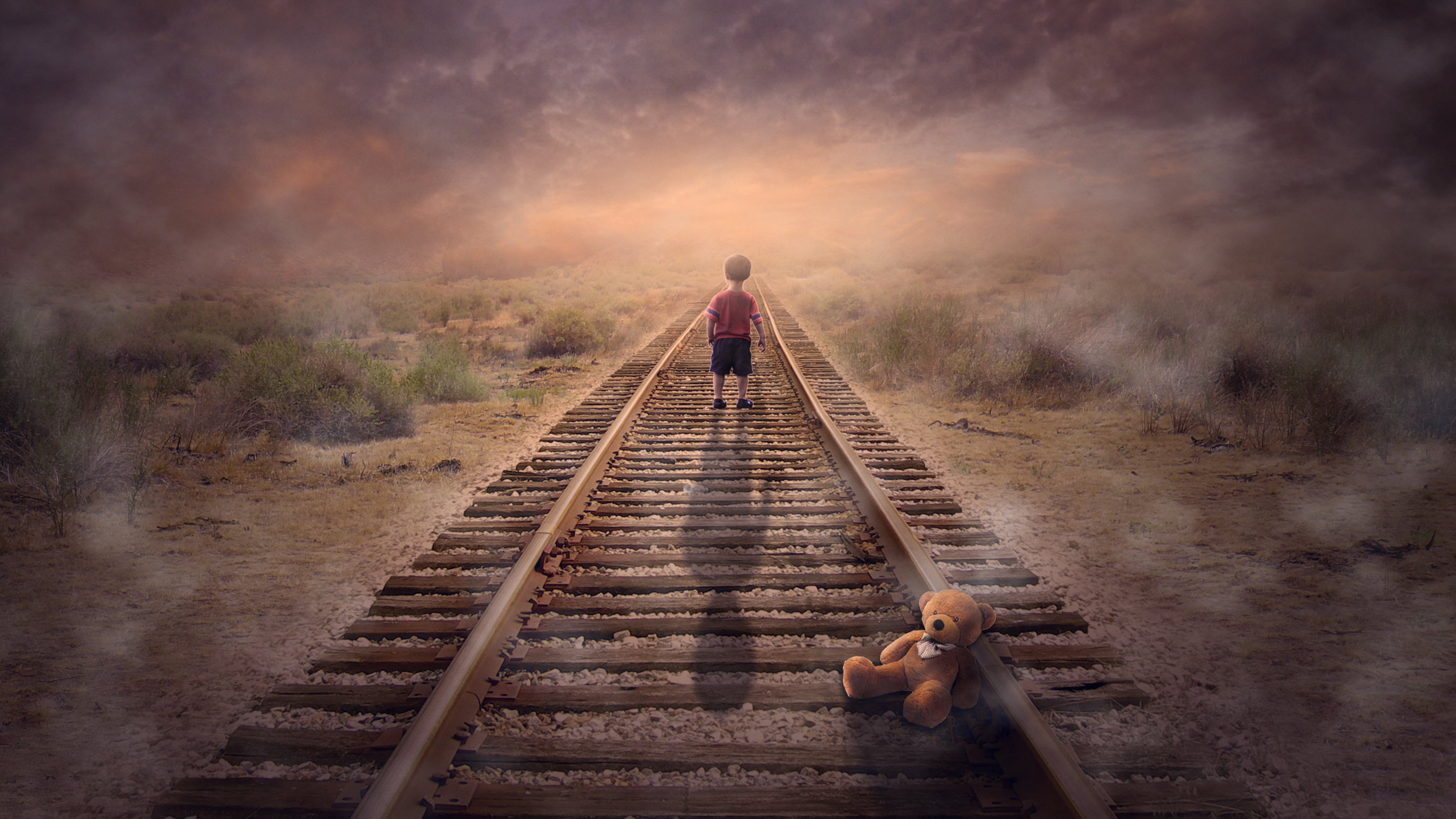 Free download wallpaper Teddy Bear, Artistic, Child, Railroad, Stuffed Animal on your PC desktop