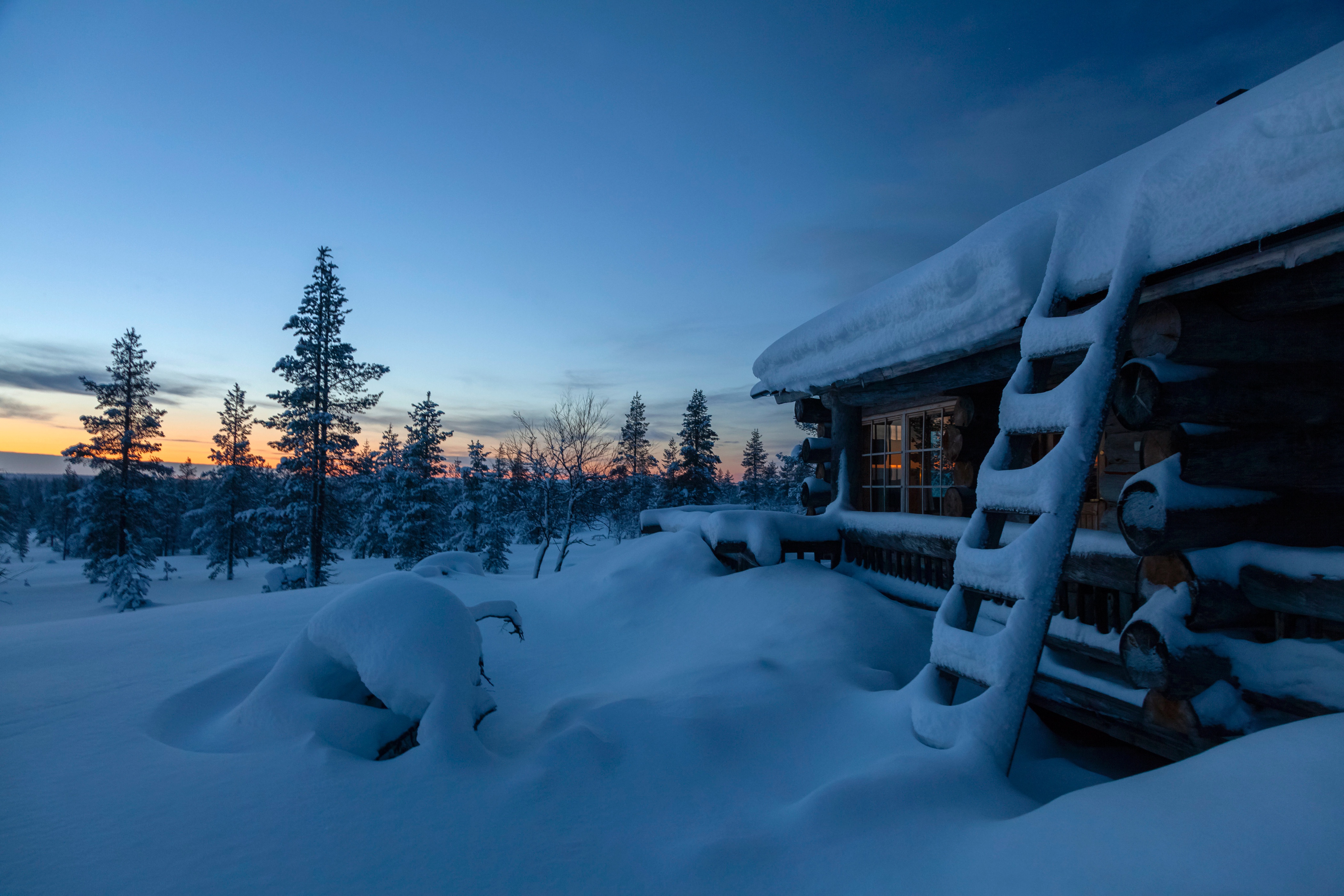 Download mobile wallpaper Winter, Sunset, Snow, Photography, Finland, Cabin for free.