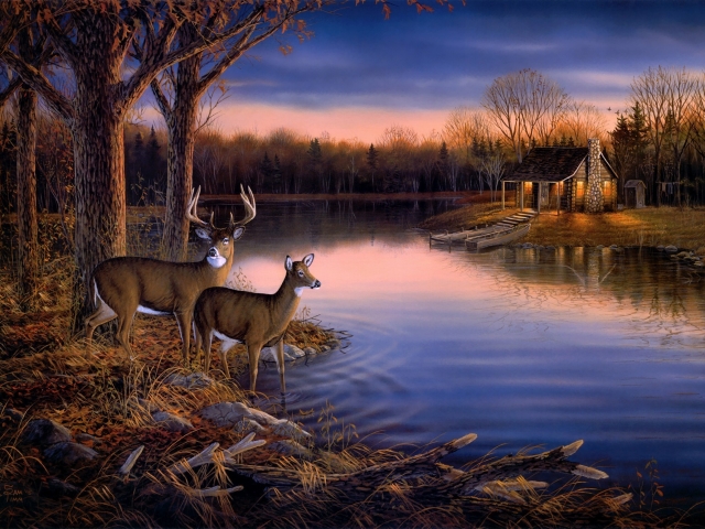 Free download wallpaper Nature, Water, Lake, Forest, Fall, House, Painting, Deer, Artistic on your PC desktop