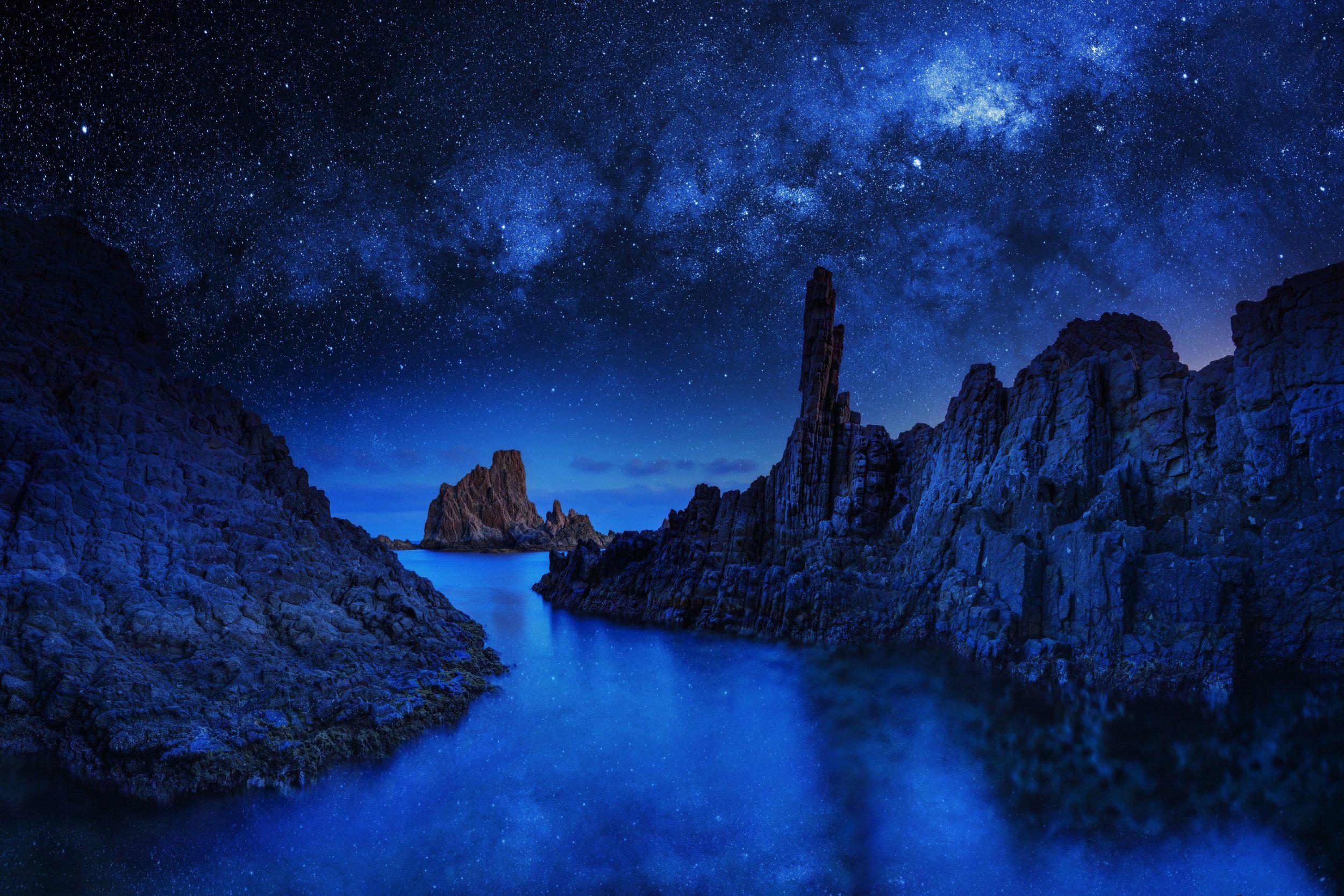 night, starry sky, earth, rock, blue, nature, sky 4K for PC