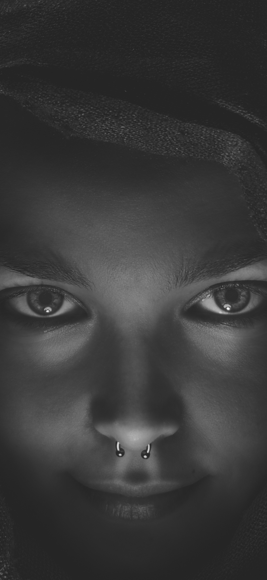 Download mobile wallpaper Gothic, Dark, Face, Piercing, Black & White, Stare for free.