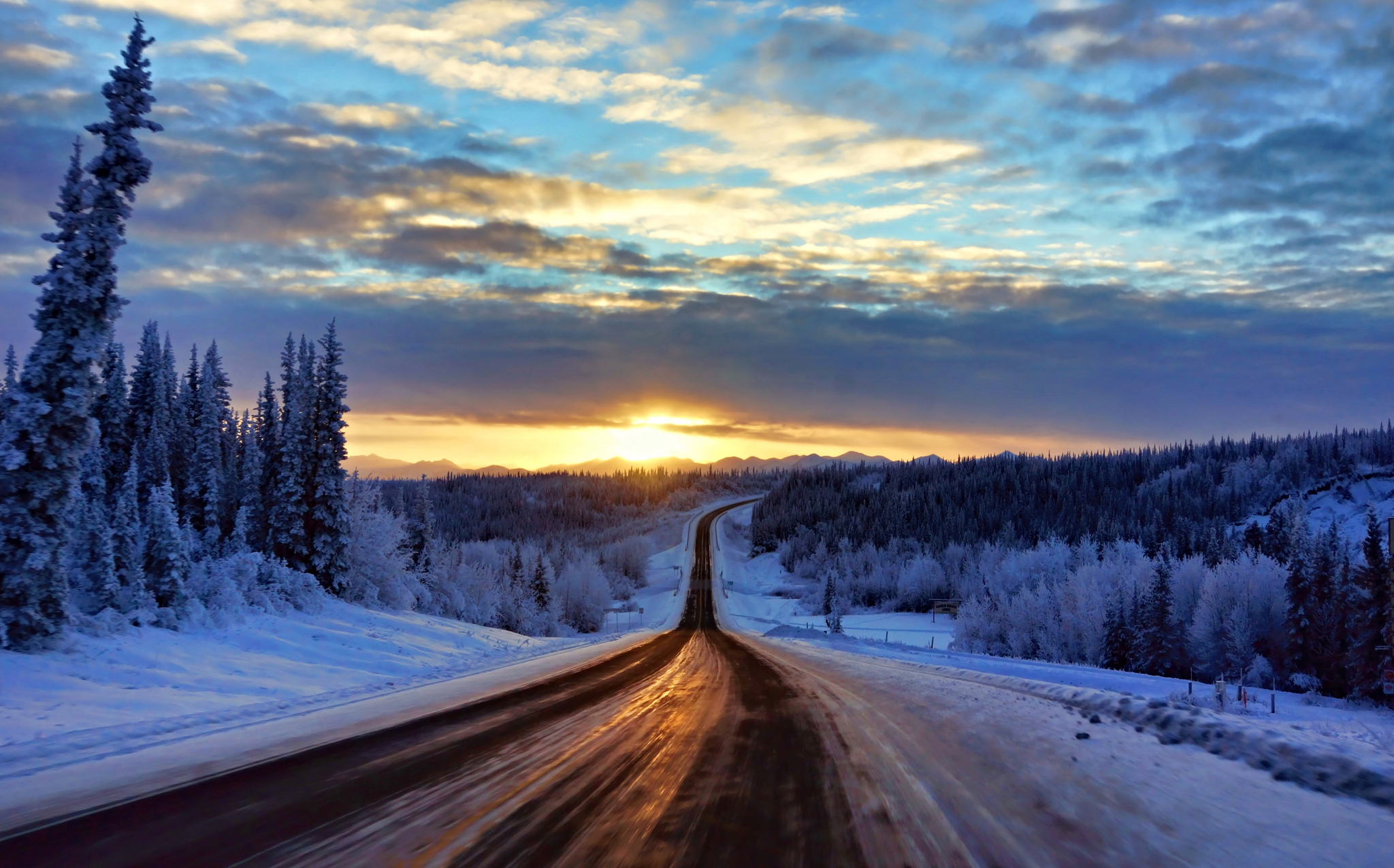 Download mobile wallpaper Landscape, Winter, Snow, Road, Forest, Sunrise, Cloud, Man Made for free.