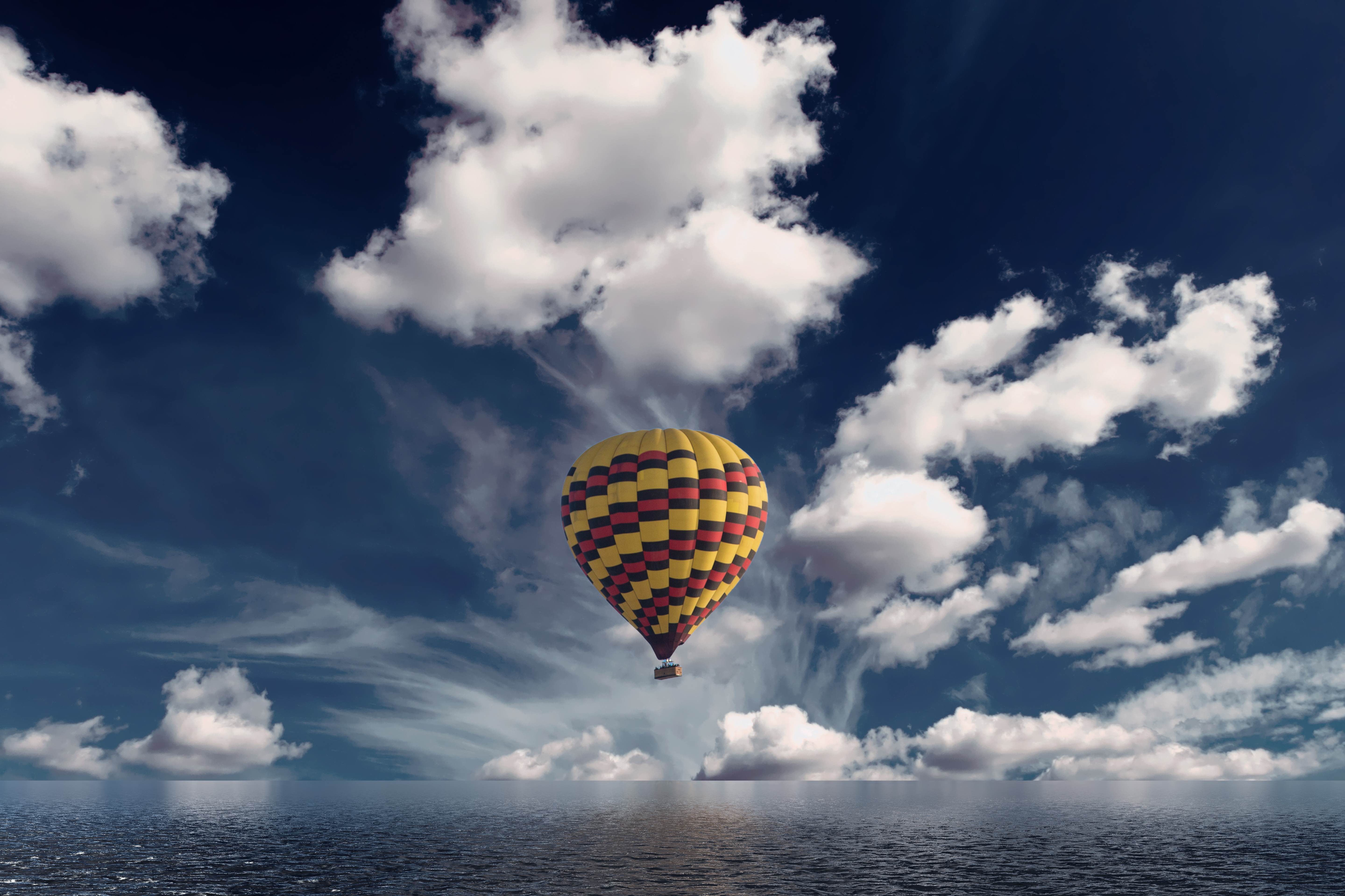 88870 скачать обои воздушный шар, облака, море, горизонт, разное, аэростат - заставки и картинки бесплатно