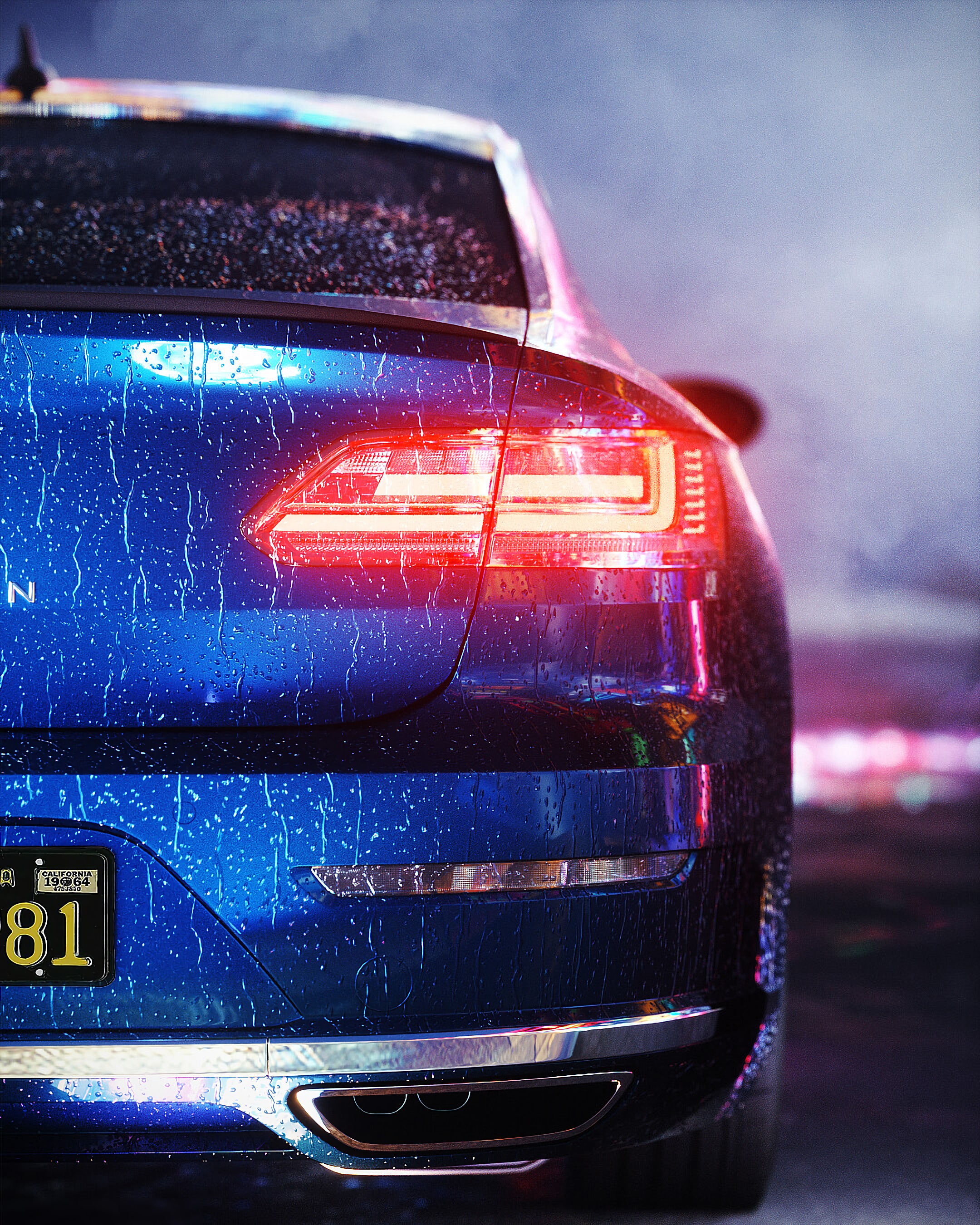 back view, backlight, blue, car, light, cars, shine, wet, machine, illumination, rear view
