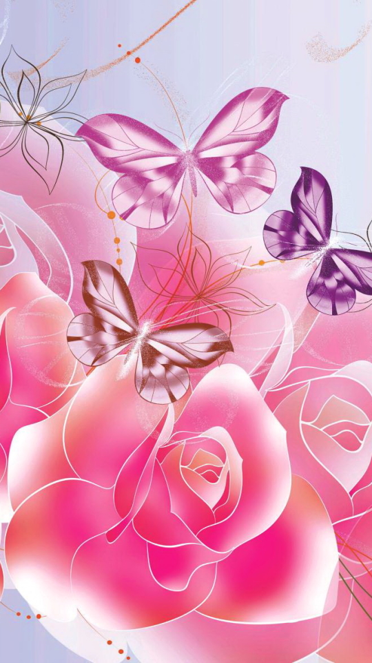 無料モバイル壁紙蝶, ピンク, 花, 薔薇, 芸術的をダウンロードします。