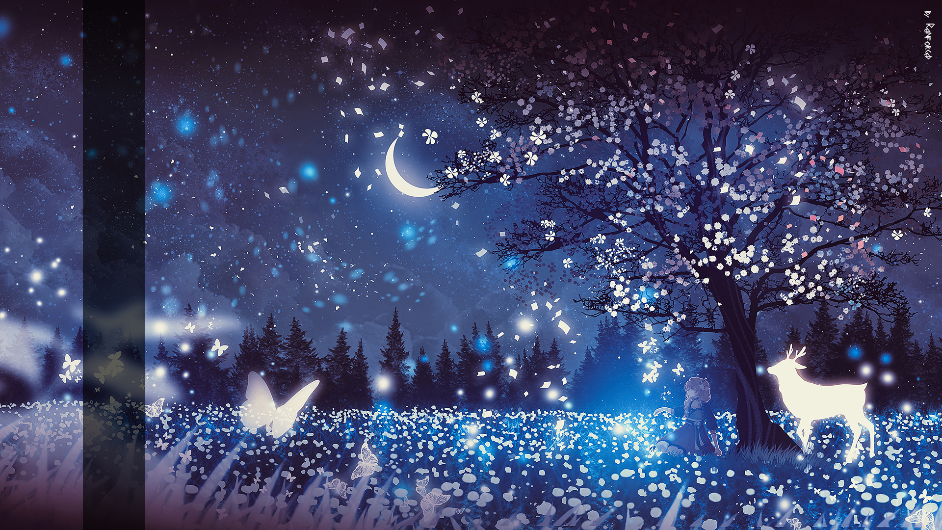 Download mobile wallpaper Anime, Night, Tree, Deer for free.