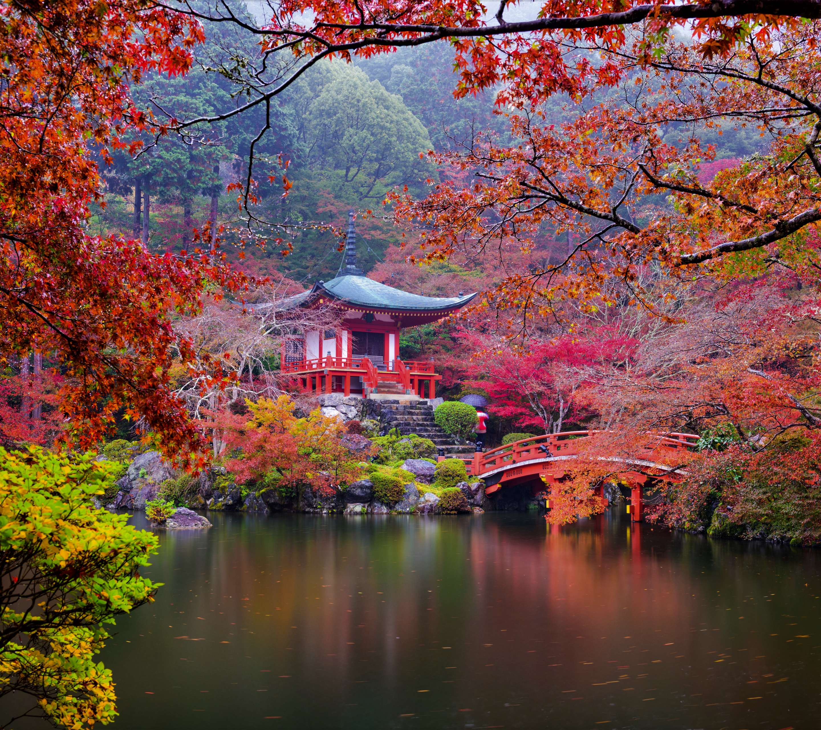 1135092 скачать обои религиозные, дайго дзи, мост, пагода, японский сад, осень, падать, сад, храмы - заставки и картинки бесплатно