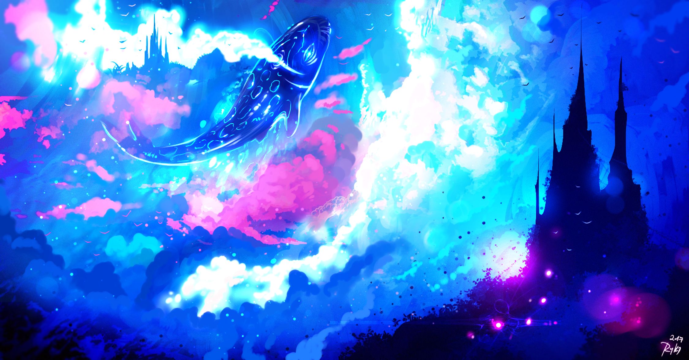 Free download wallpaper Anime, Fantasy, Cloud, Fish, Original, Castle on your PC desktop