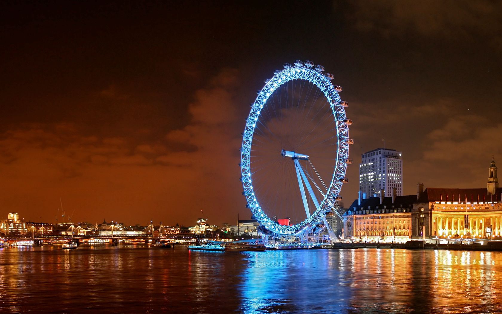 london, cities, rivers, night, building, ferris wheel 1080p