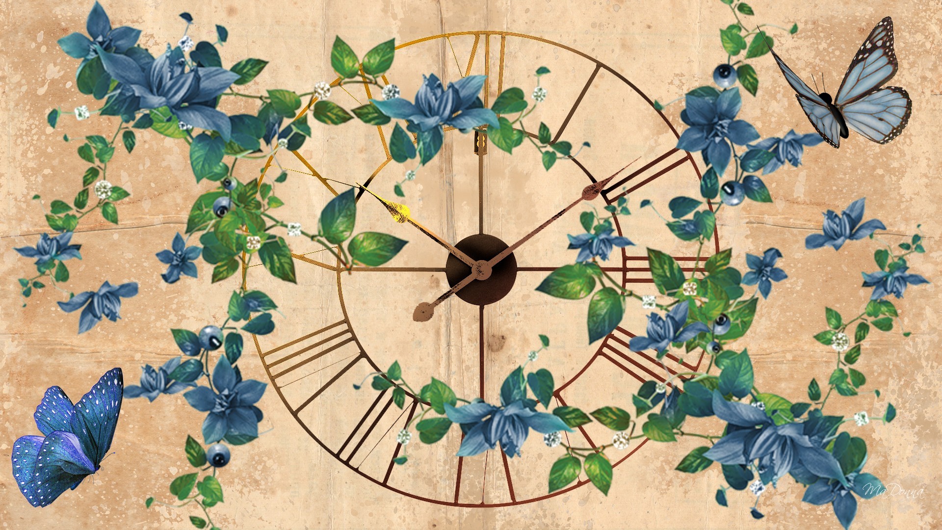 無料モバイル壁紙蝶, 時計, 花, 青い, 芸術的をダウンロードします。