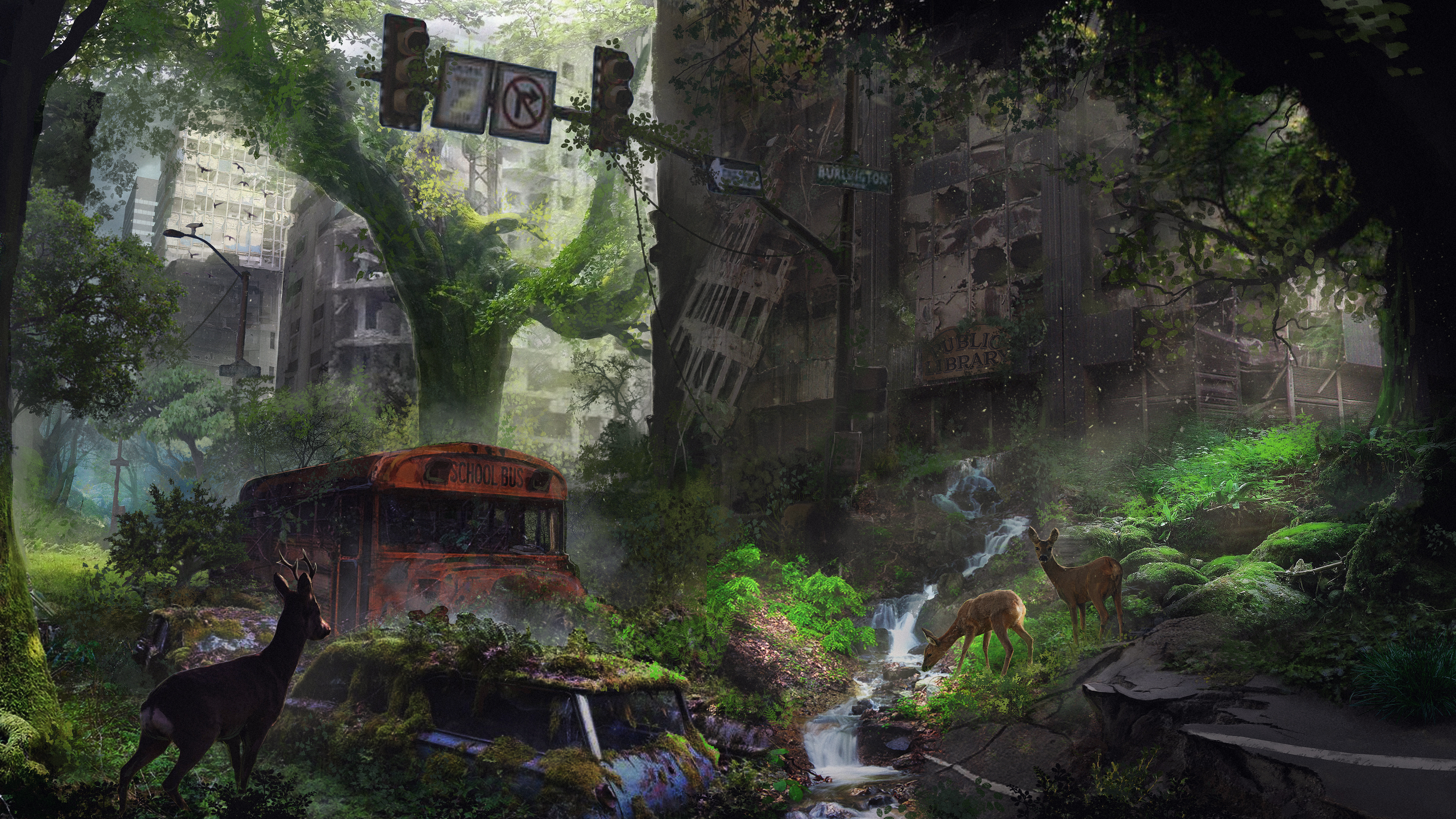 Download mobile wallpaper Tree, Stream, Sci Fi, Deer, Ruin, Post Apocalyptic for free.