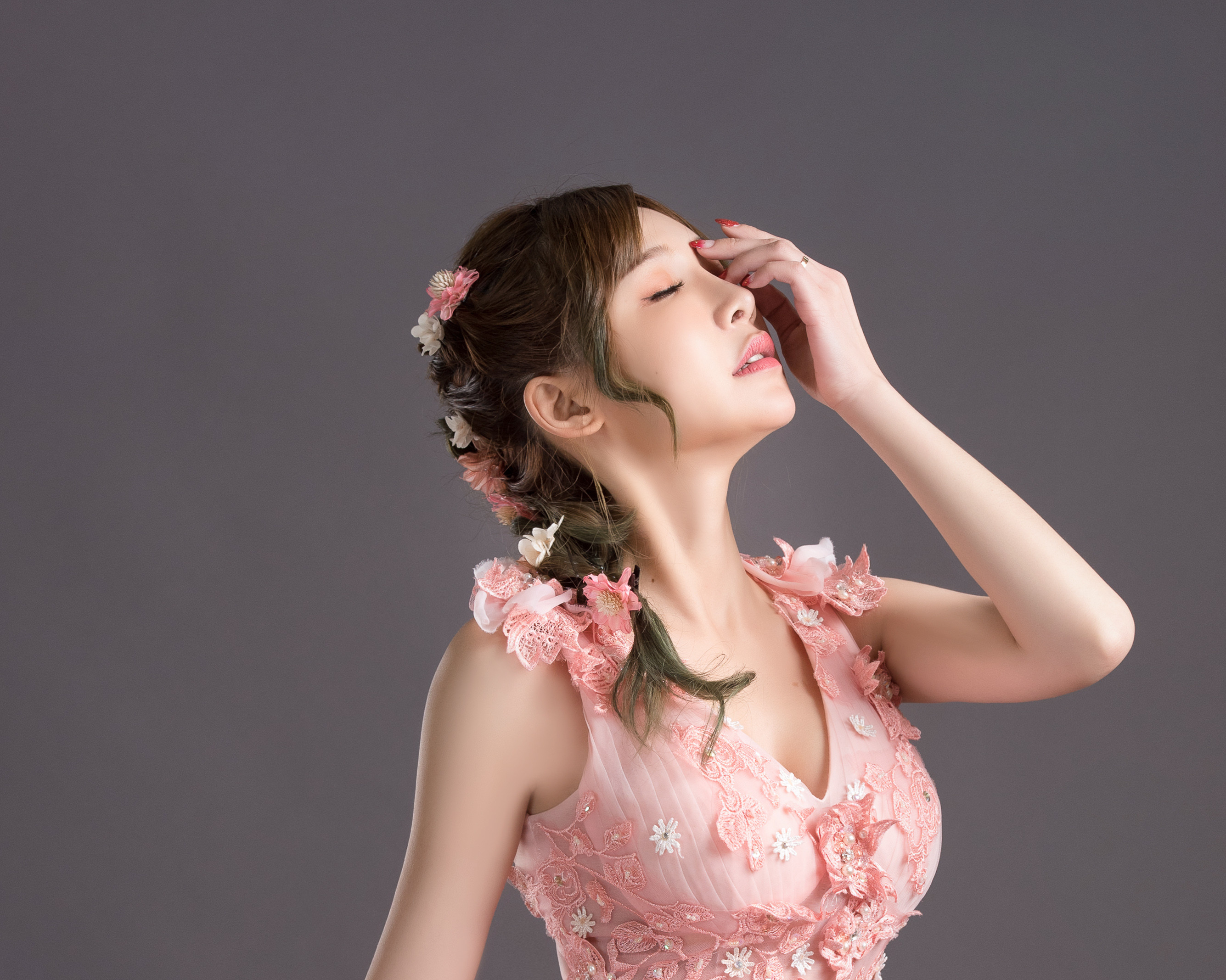 Free download wallpaper Mood, Brunette, Model, Women, Asian, Pink Dress on your PC desktop