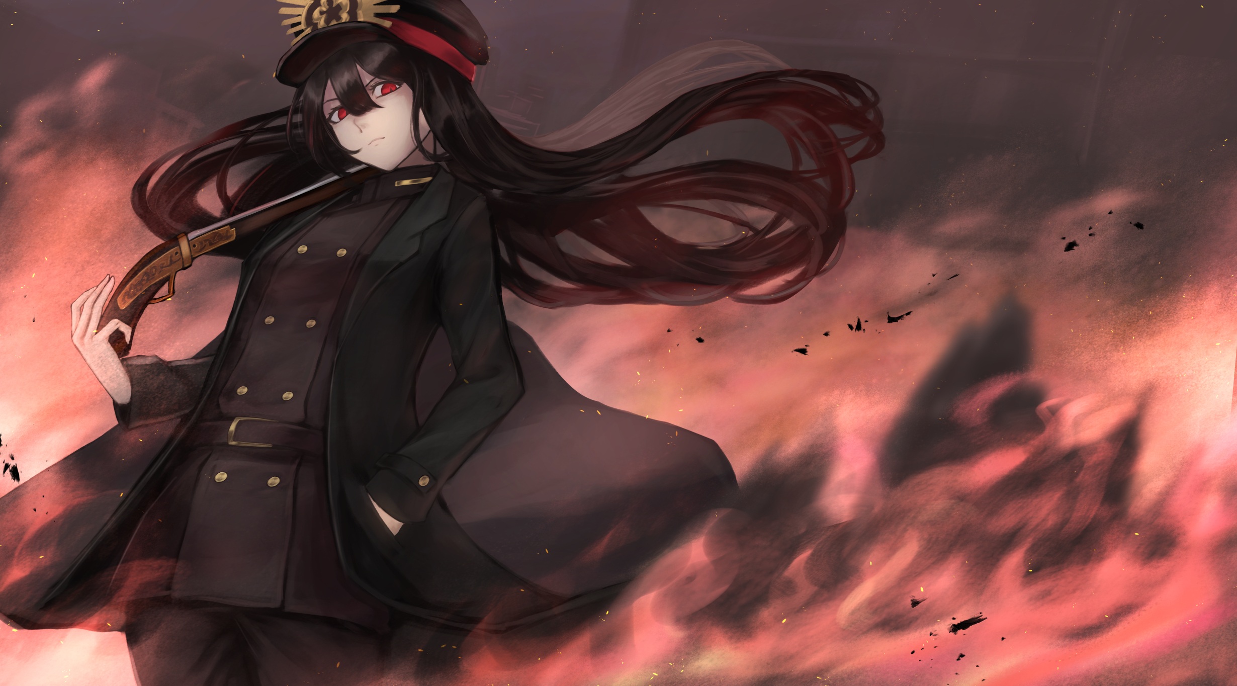 anime, fate/grand order, black hair, demon archer (fate/grand order), gun, long hair, oda nobunaga (fate/grand order), red eyes, fate series