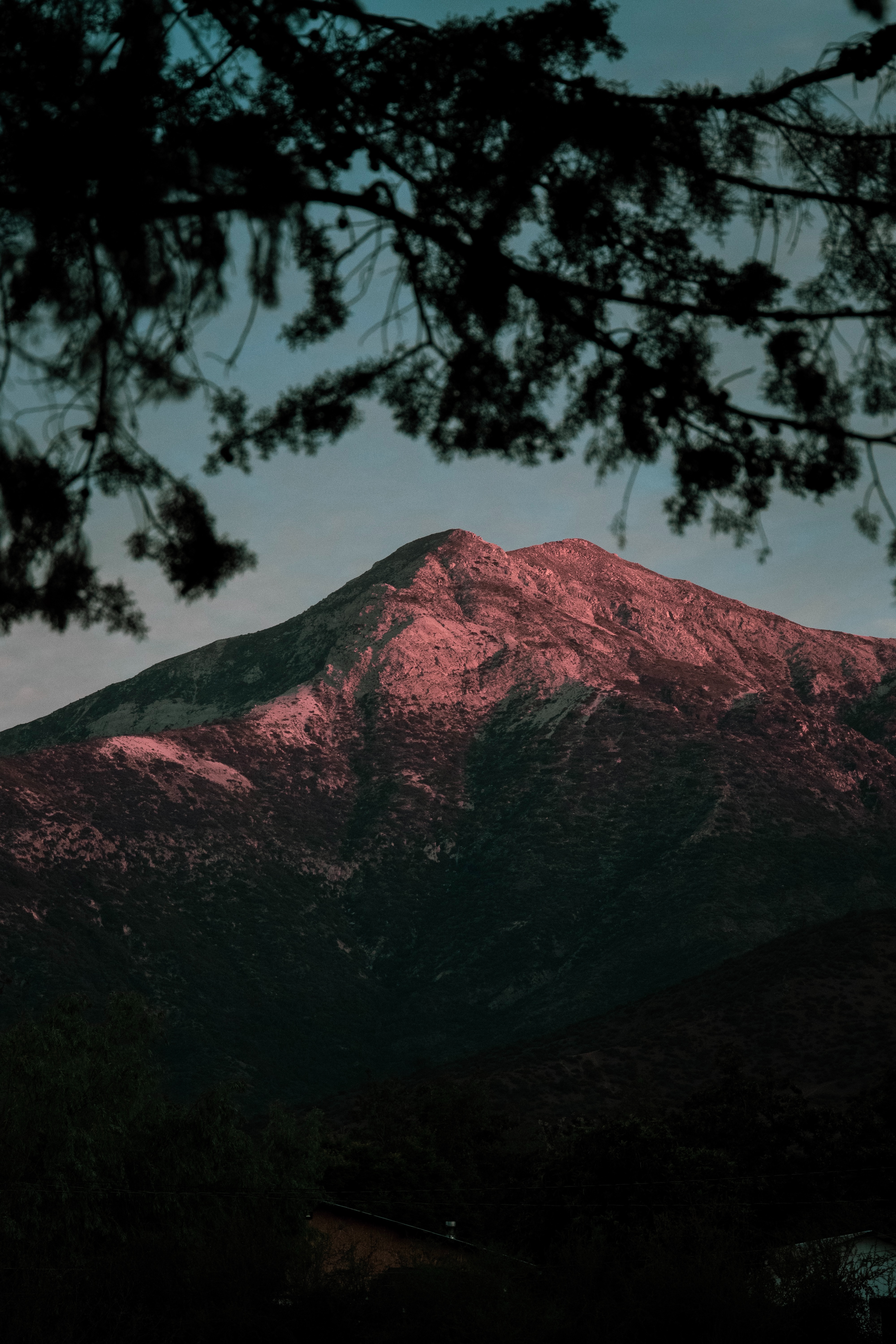 Download mobile wallpaper Dusk, Branches, Nature, Twilight, Mountain, Landscape, Dark for free.
