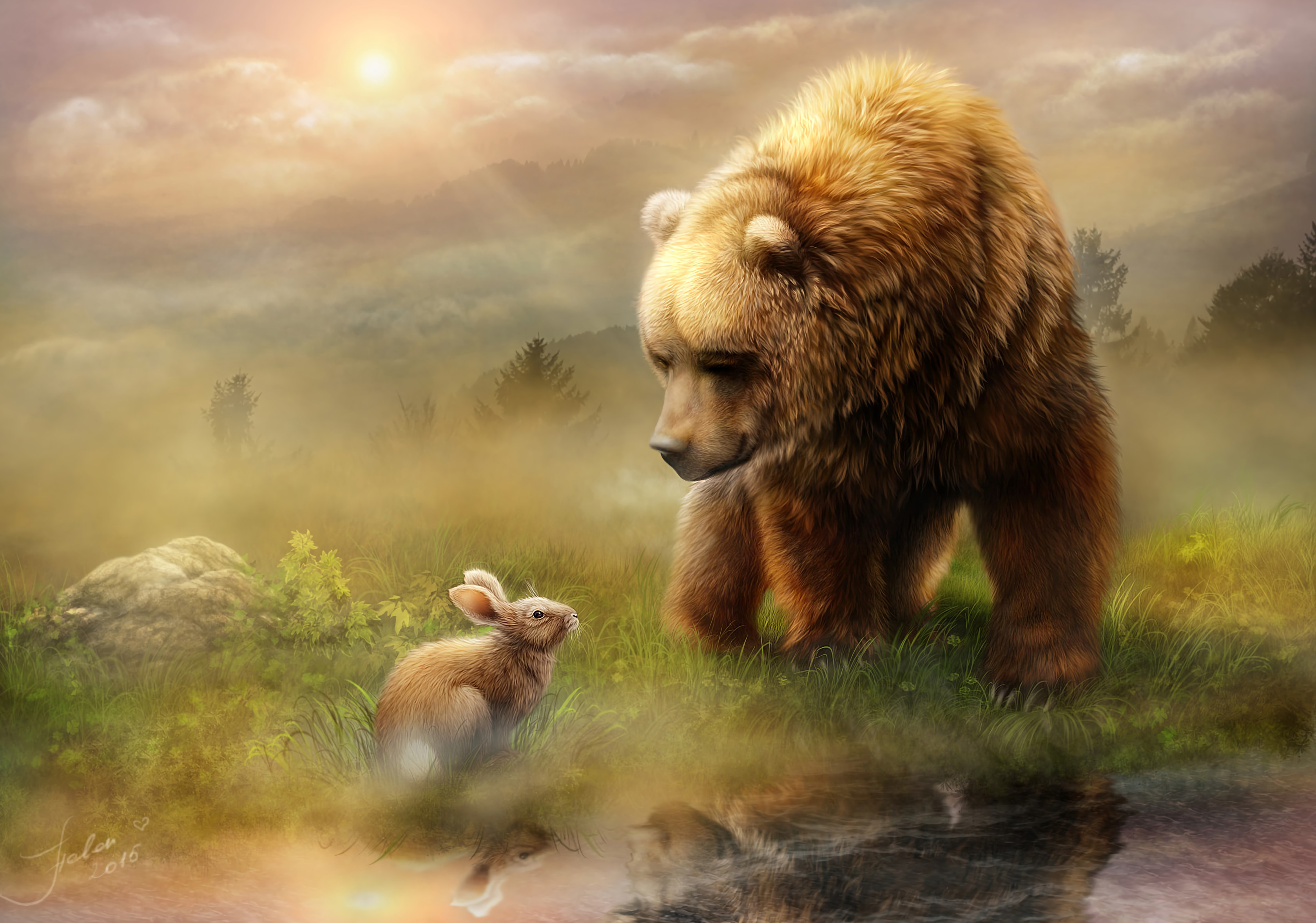 151482 скачать обои медведь, заяц, арт, дружба, встреча - заставки и картинки бесплатно