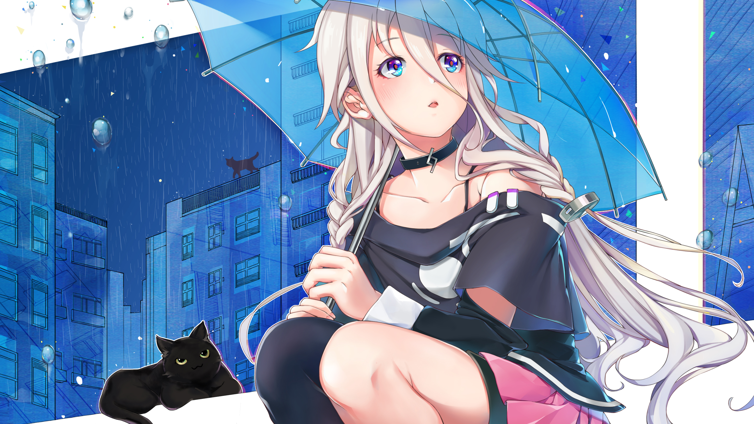 Download mobile wallpaper Anime, Cat, Umbrella, Vocaloid, Skirt, Blue Eyes, Braid, Blush, Long Hair, White Hair, Ia (Vocaloid) for free.
