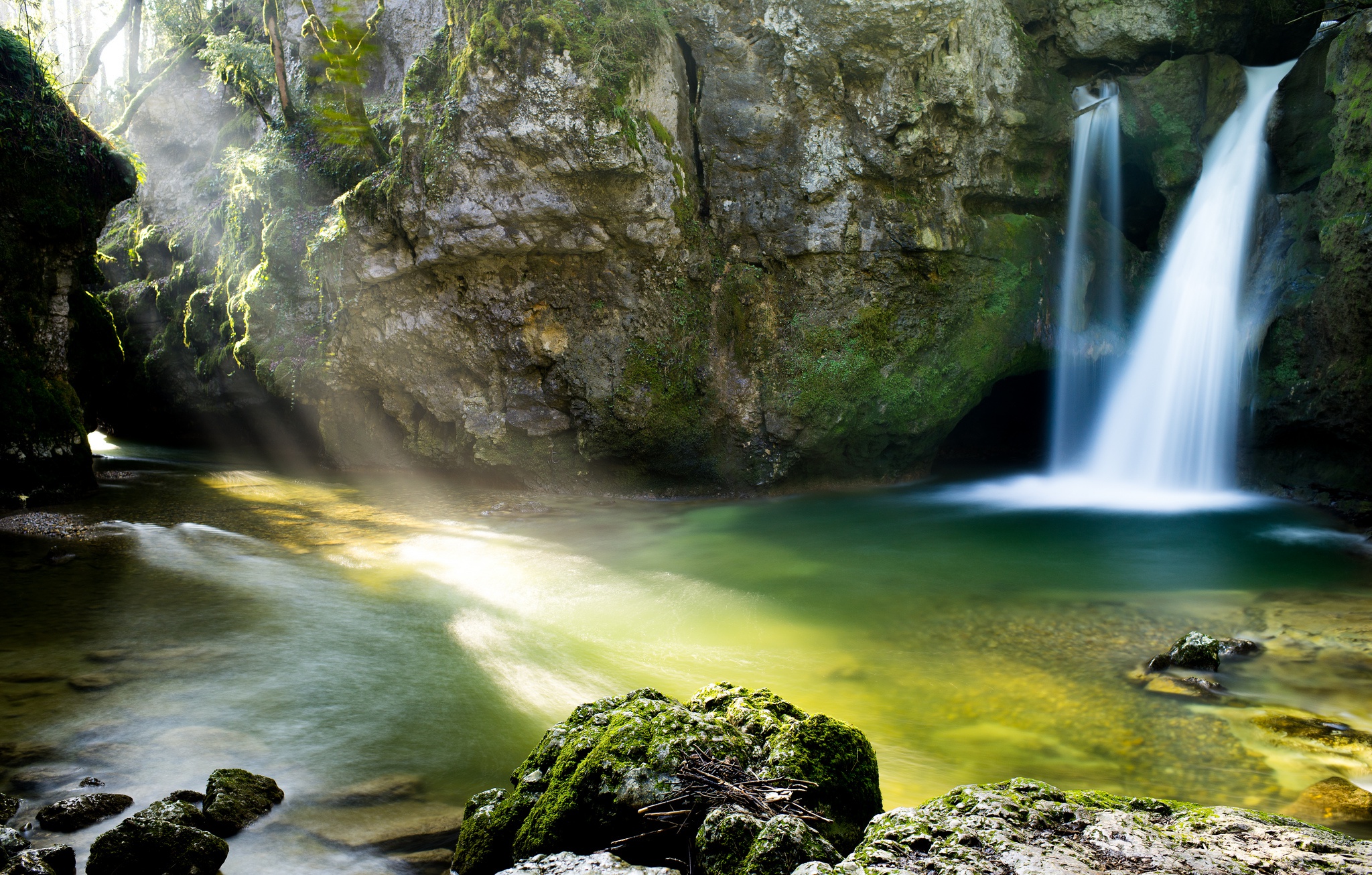Download mobile wallpaper Nature, Waterfalls, Waterfall, Earth, Sunbeam for free.