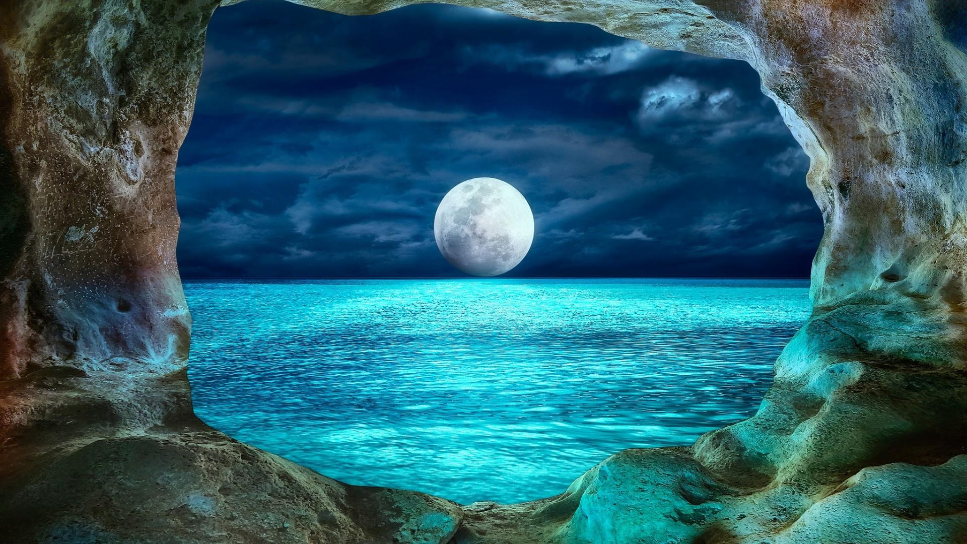 932608 descargar imagen luna llena, tierra/naturaleza, luna, cueva, noche, océano: fondos de pantalla y protectores de pantalla gratis