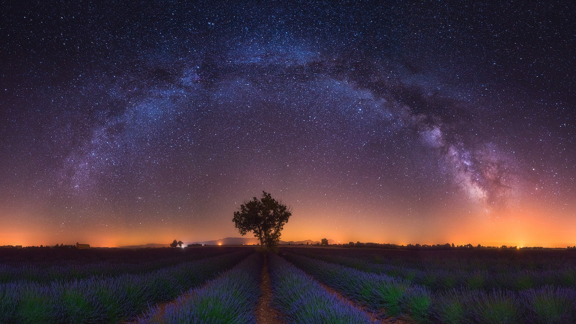 Free download wallpaper Nature, Stars, Night, Flower, Starry Sky, Earth, Field, Milky Way, Lavender on your PC desktop