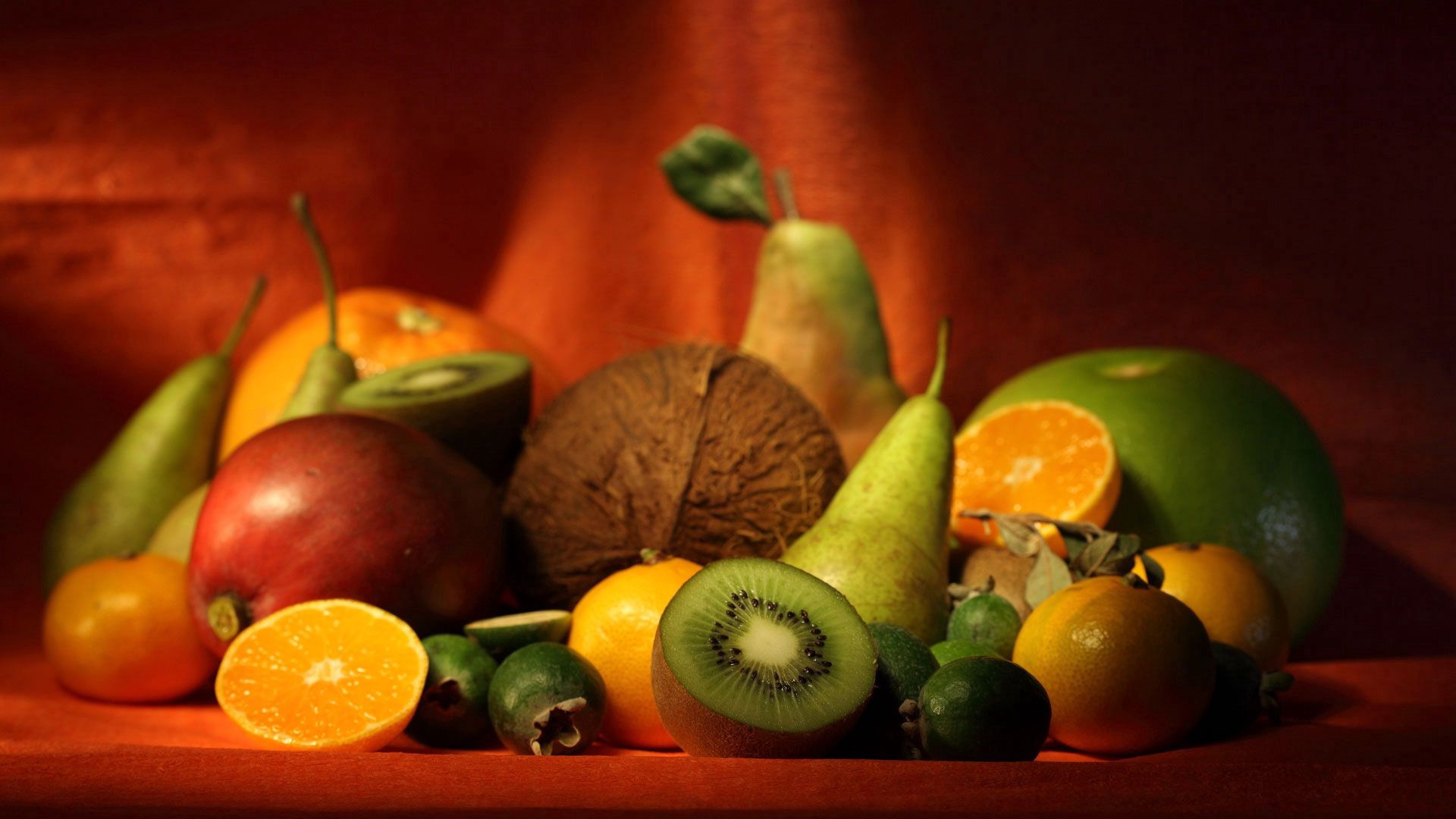 kiwi, assorted, fruits, food, oranges, pears, coconut