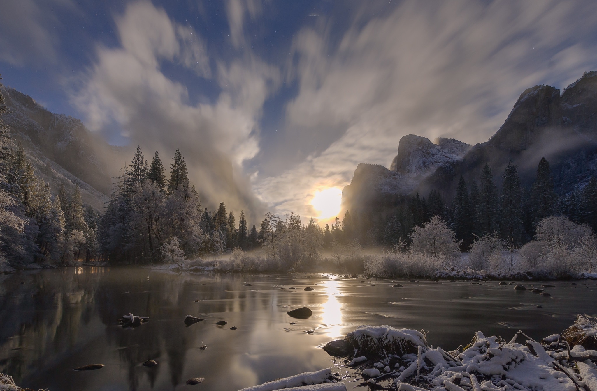 PCデスクトップに冬, 雪, 夜明け, 湖, 地球画像を無料でダウンロード