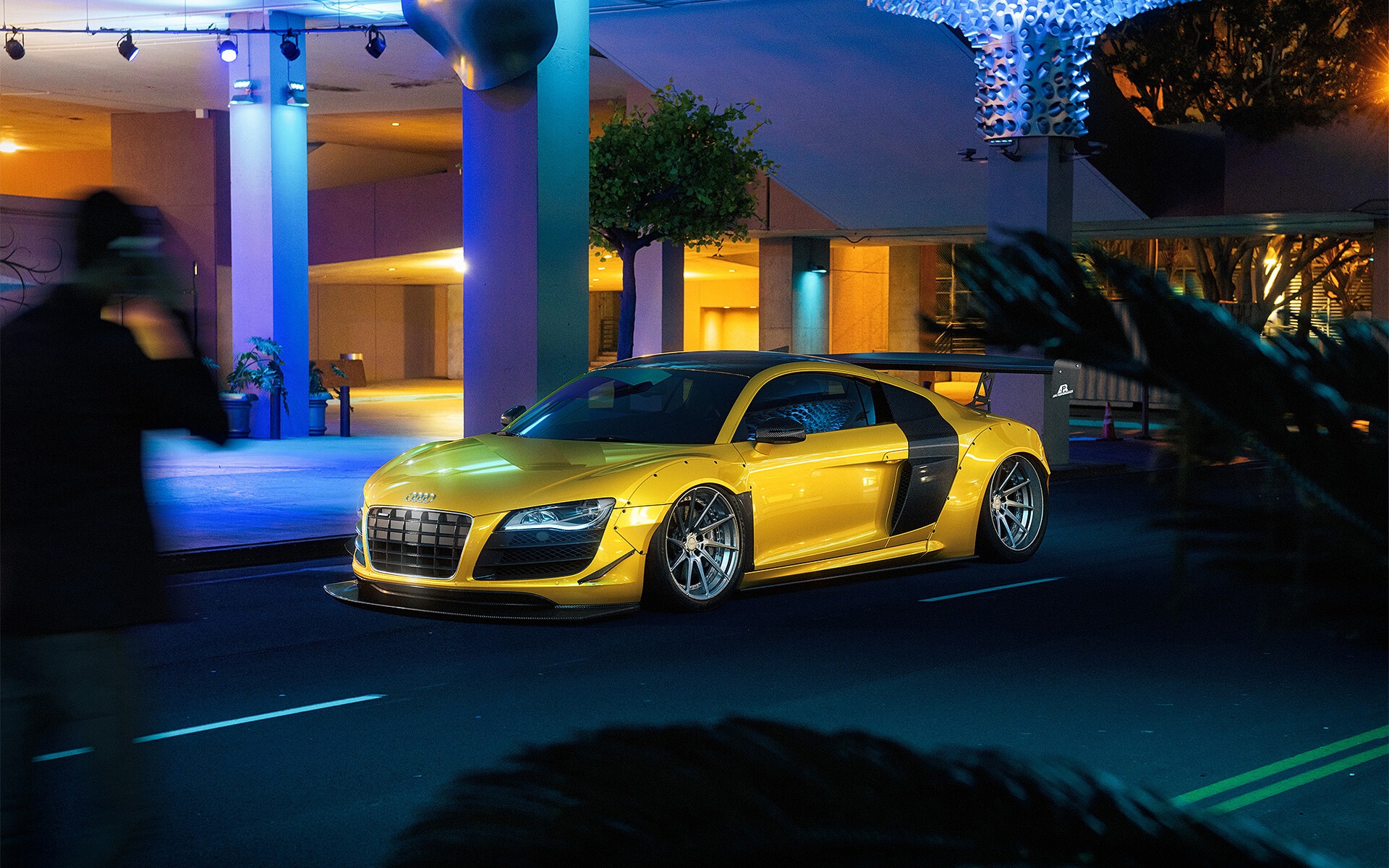 Free download wallpaper Night, Audi, Car, Supercar, Audi R8, Vehicles, Yellow Car on your PC desktop