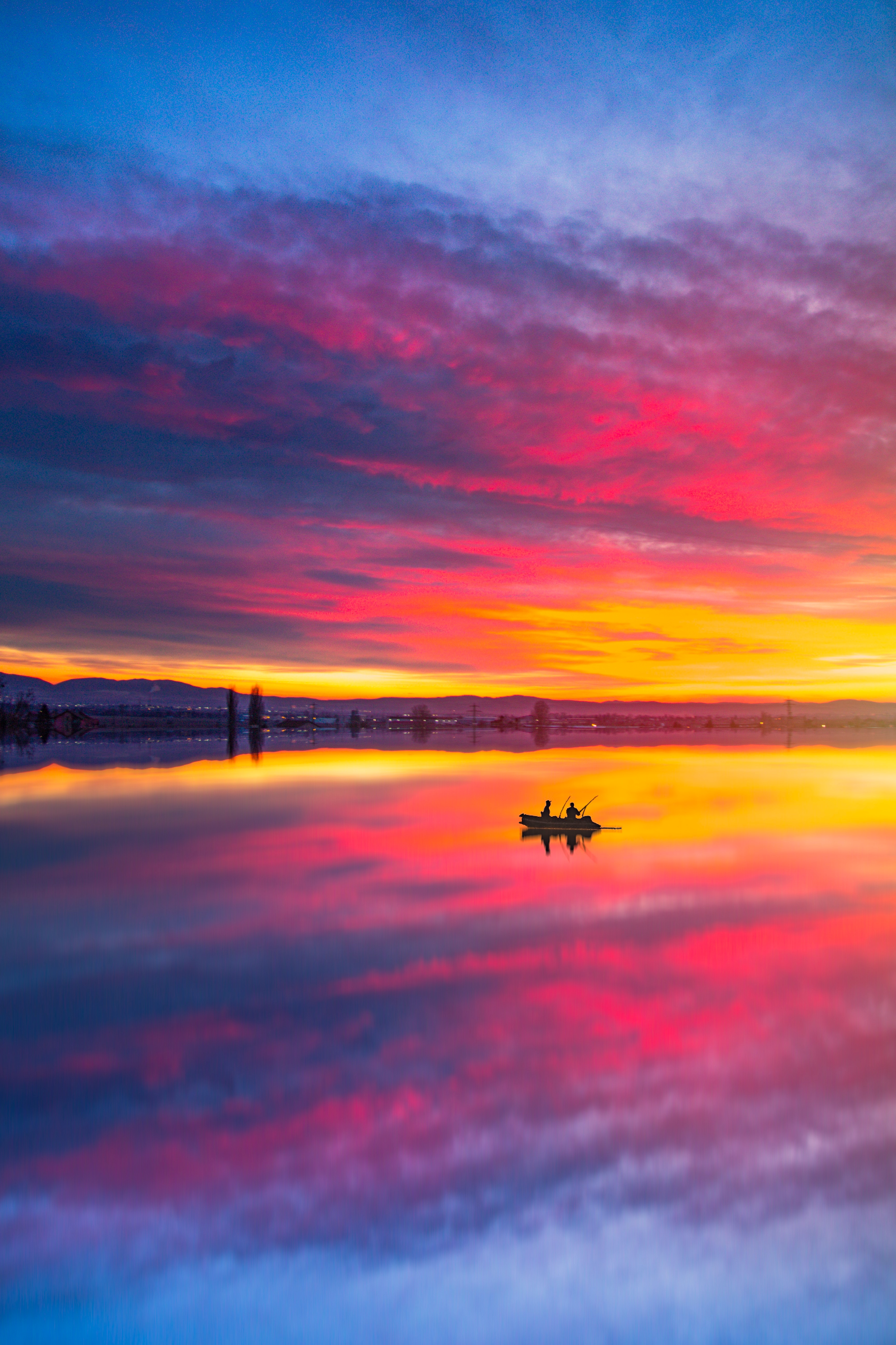 boat, landscape, nature, sunset, lake, reflection QHD