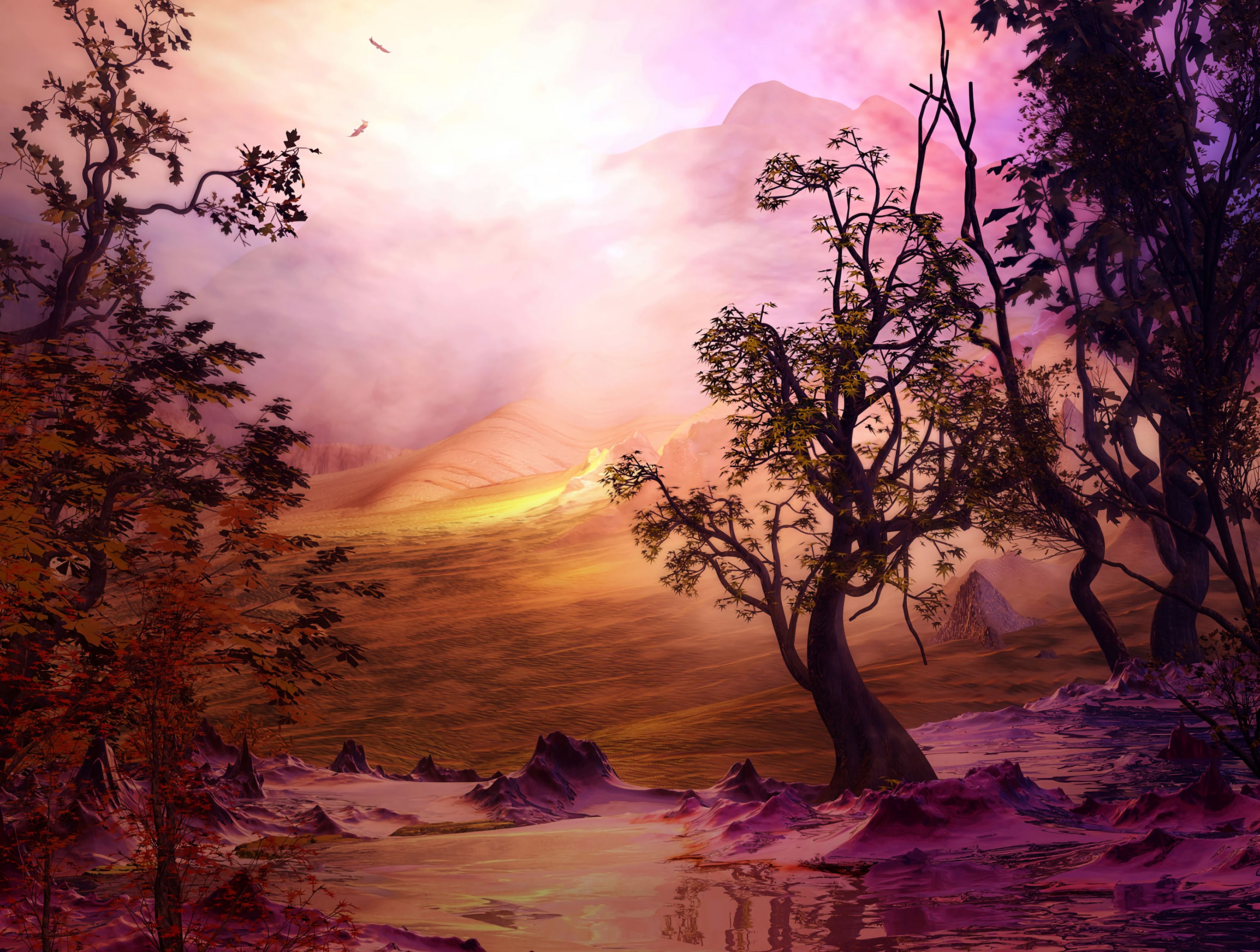 Free download wallpaper Tree, Hills, Wood, Art, Landscape on your PC desktop