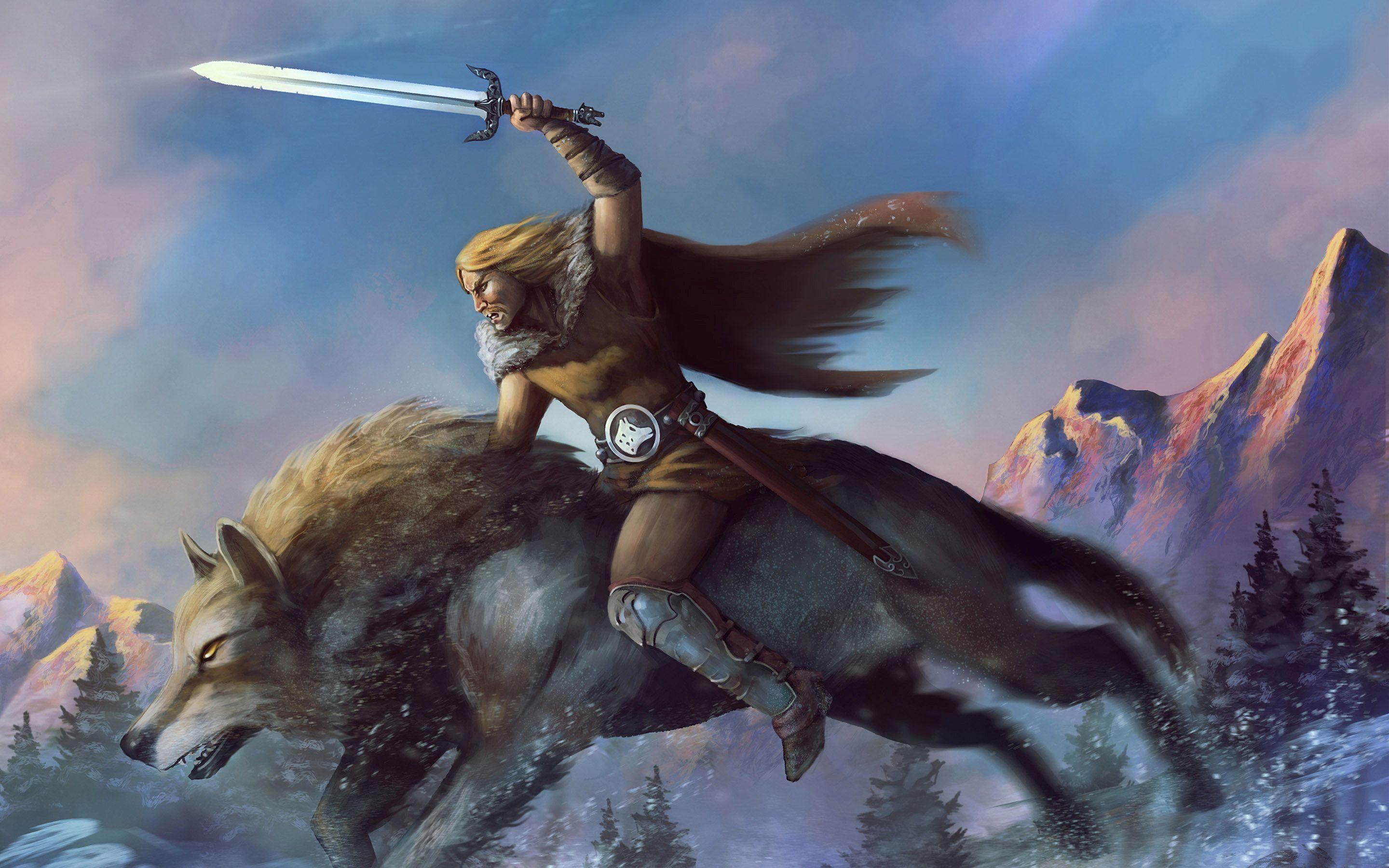 Download mobile wallpaper Fantasy, Mountain, Wolf, Warrior, Sword for free.