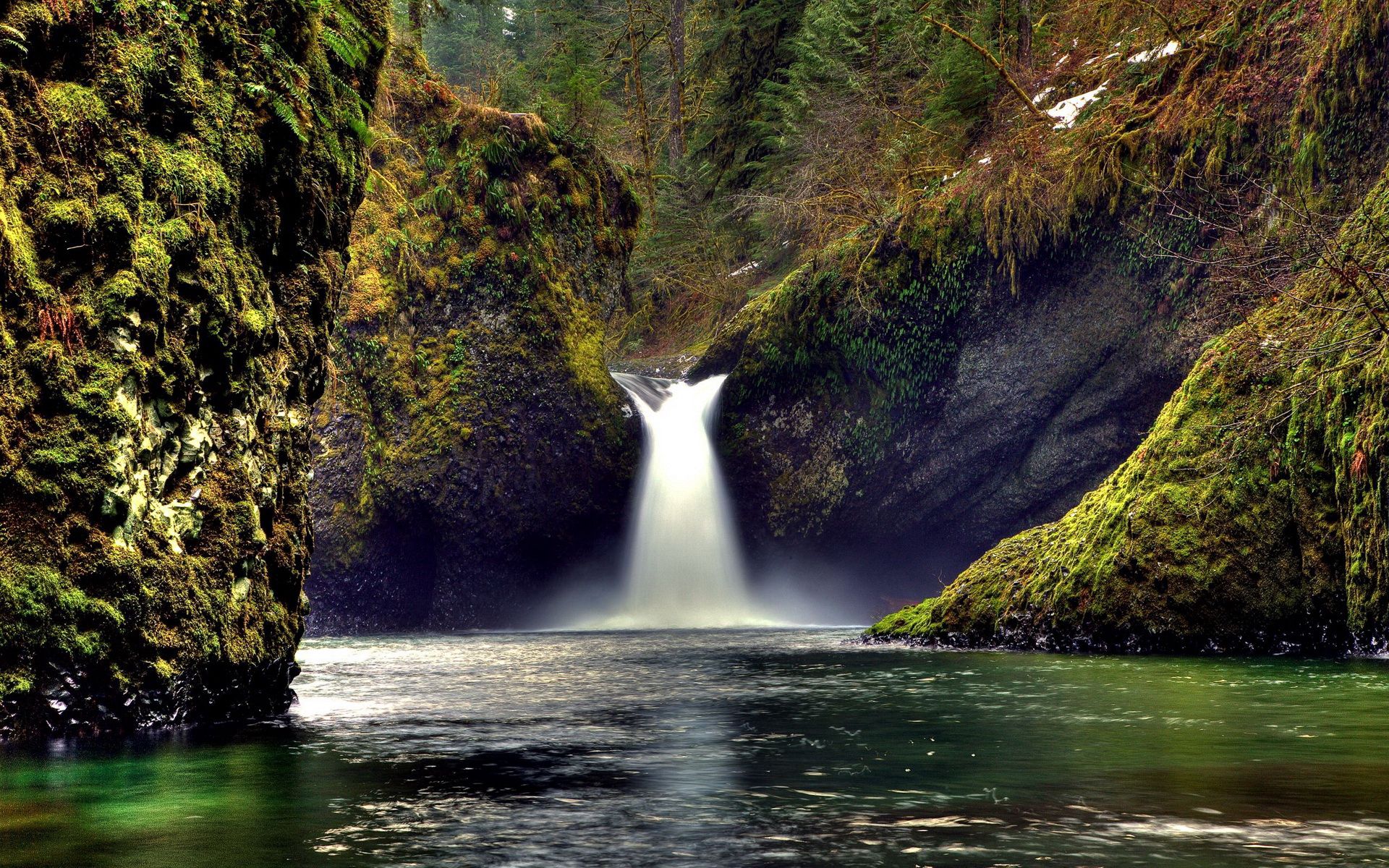 creepy, nature, rocks, lake, waterfall, moss download HD wallpaper