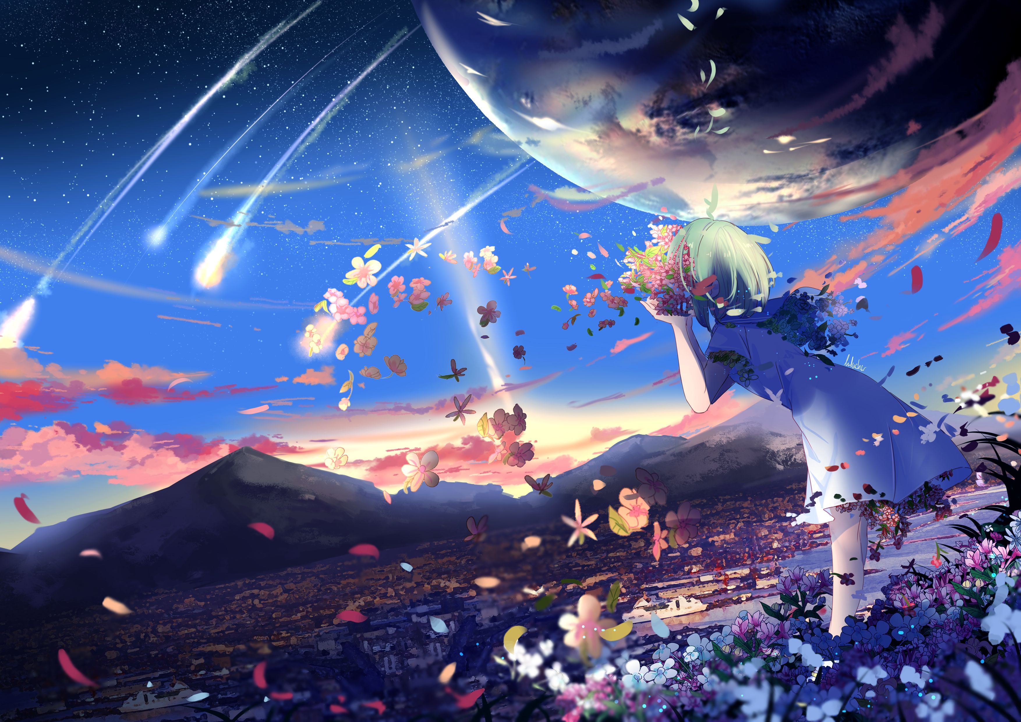 Free download wallpaper Anime, Stars, Flower, Planet, Dress, Comet, Original on your PC desktop