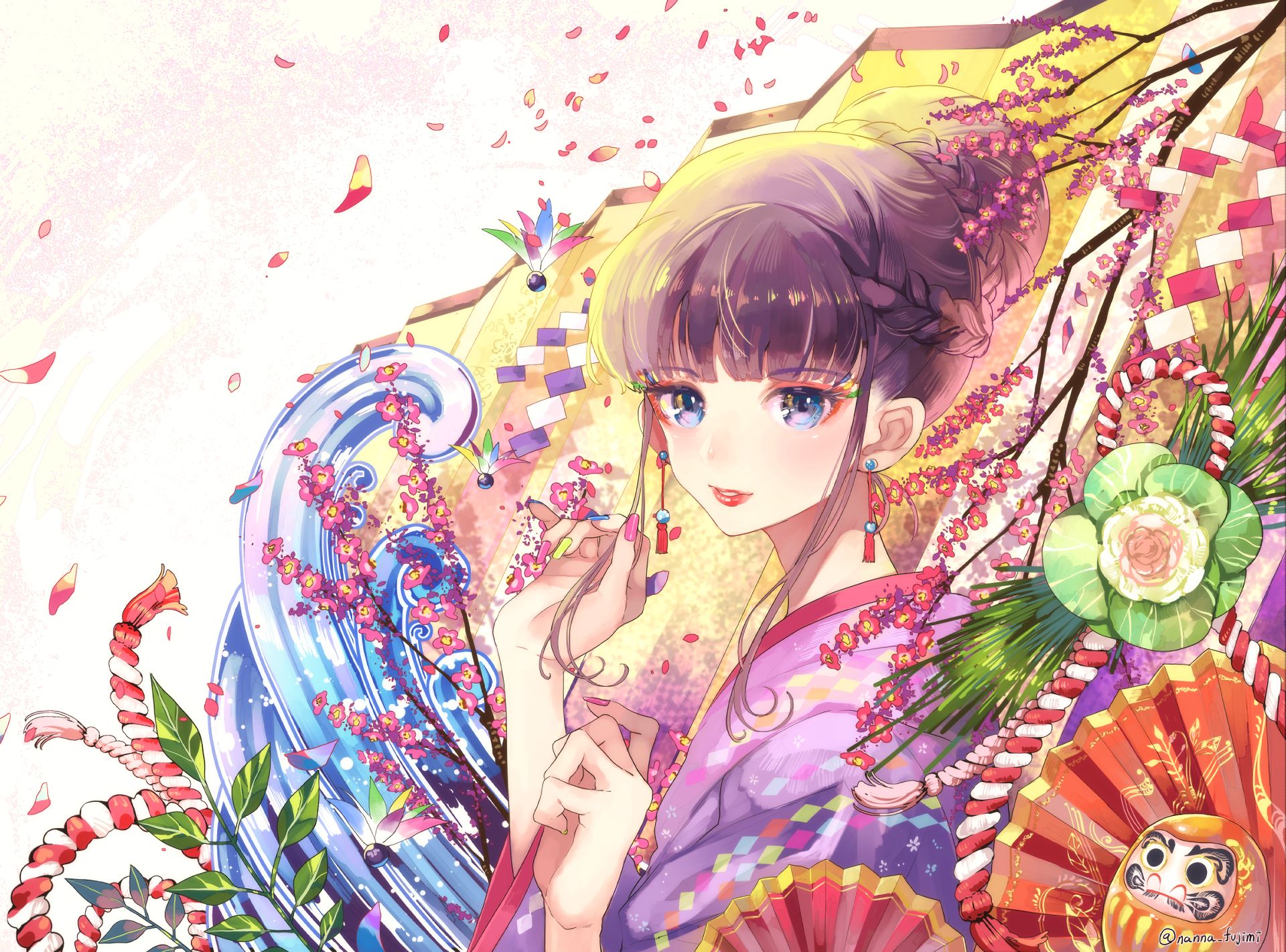 862732 descargar fondo de pantalla animado, chica, ojos azules, muñeca, festival, flor, kimono: protectores de pantalla e imágenes gratis