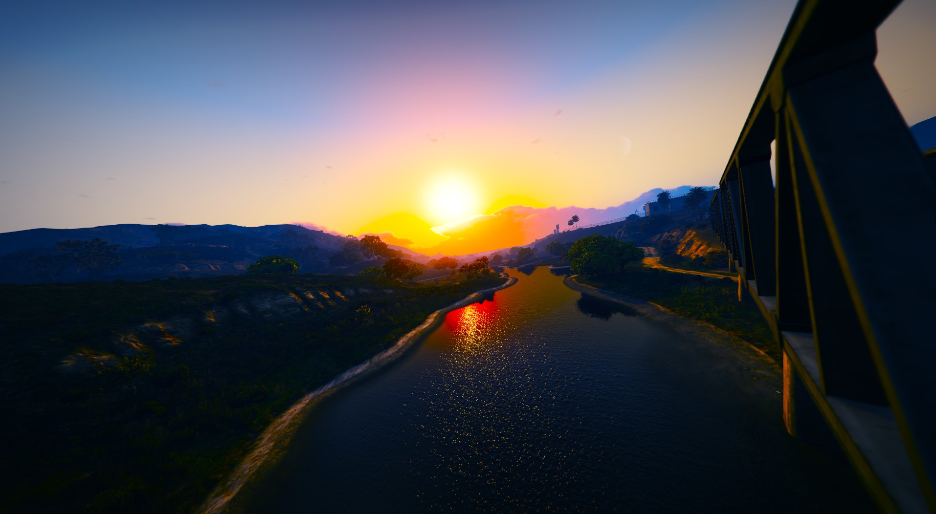 Download mobile wallpaper Water, Sky, Sun, Reflection, River, Video Game, Grand Theft Auto, Grand Theft Auto V for free.