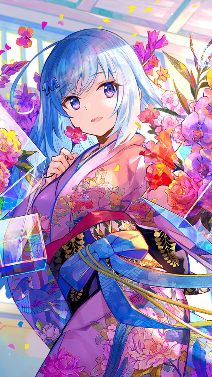 Download mobile wallpaper Anime, Flower, Butterfly, Kimono, Original, Blue Hair for free.