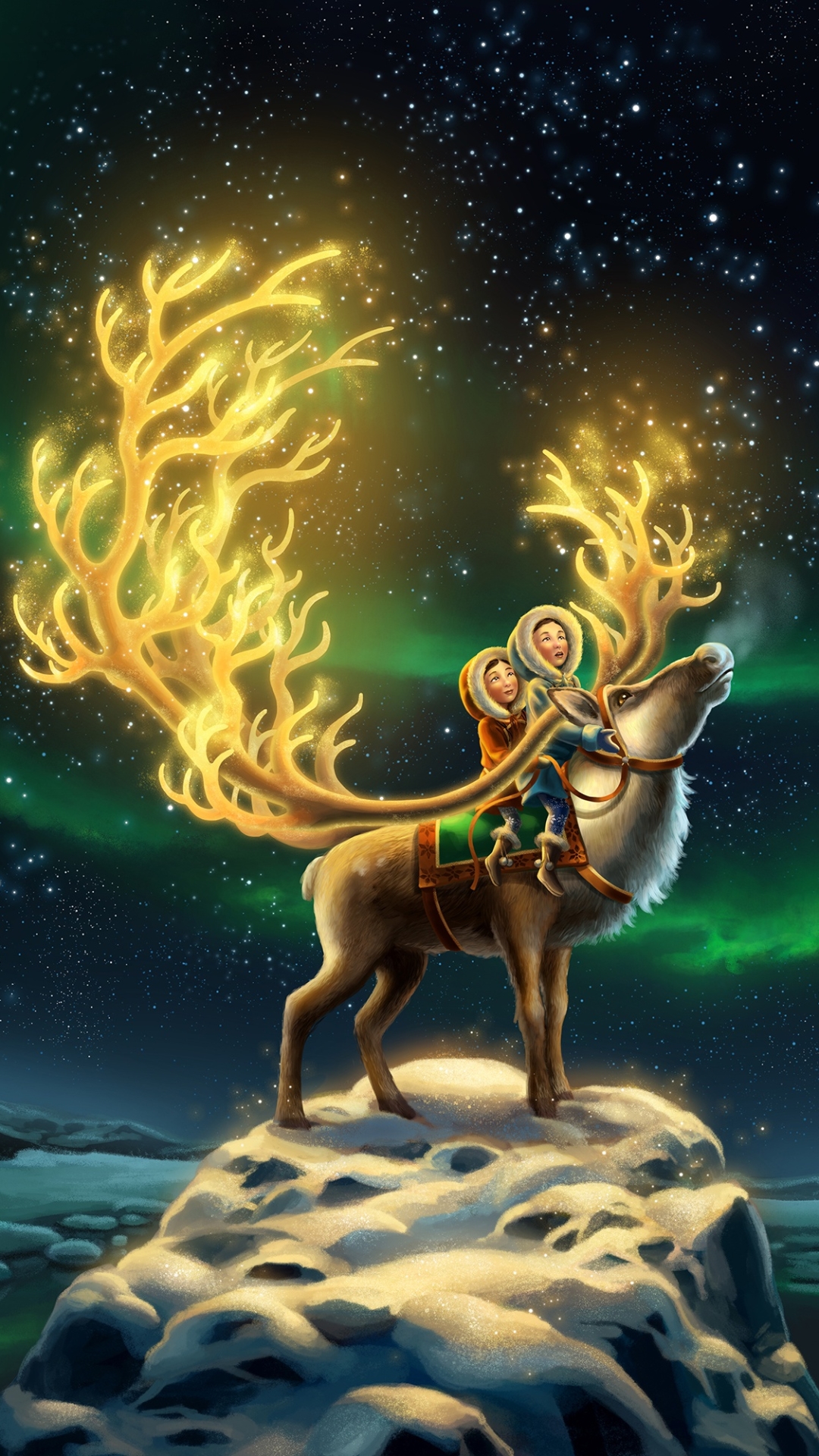 Download mobile wallpaper Fantasy, Stars, Night, Snow, Aurora Borealis, Deer, Child, Reindeer, Fantasy Animals for free.