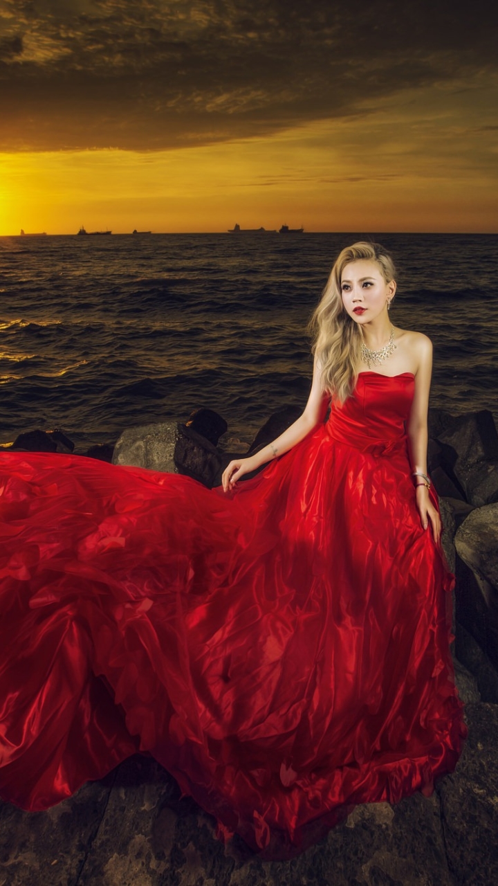 Download mobile wallpaper Horizon, Ocean, Sunrise, Model, Women, Asian, Red Dress for free.