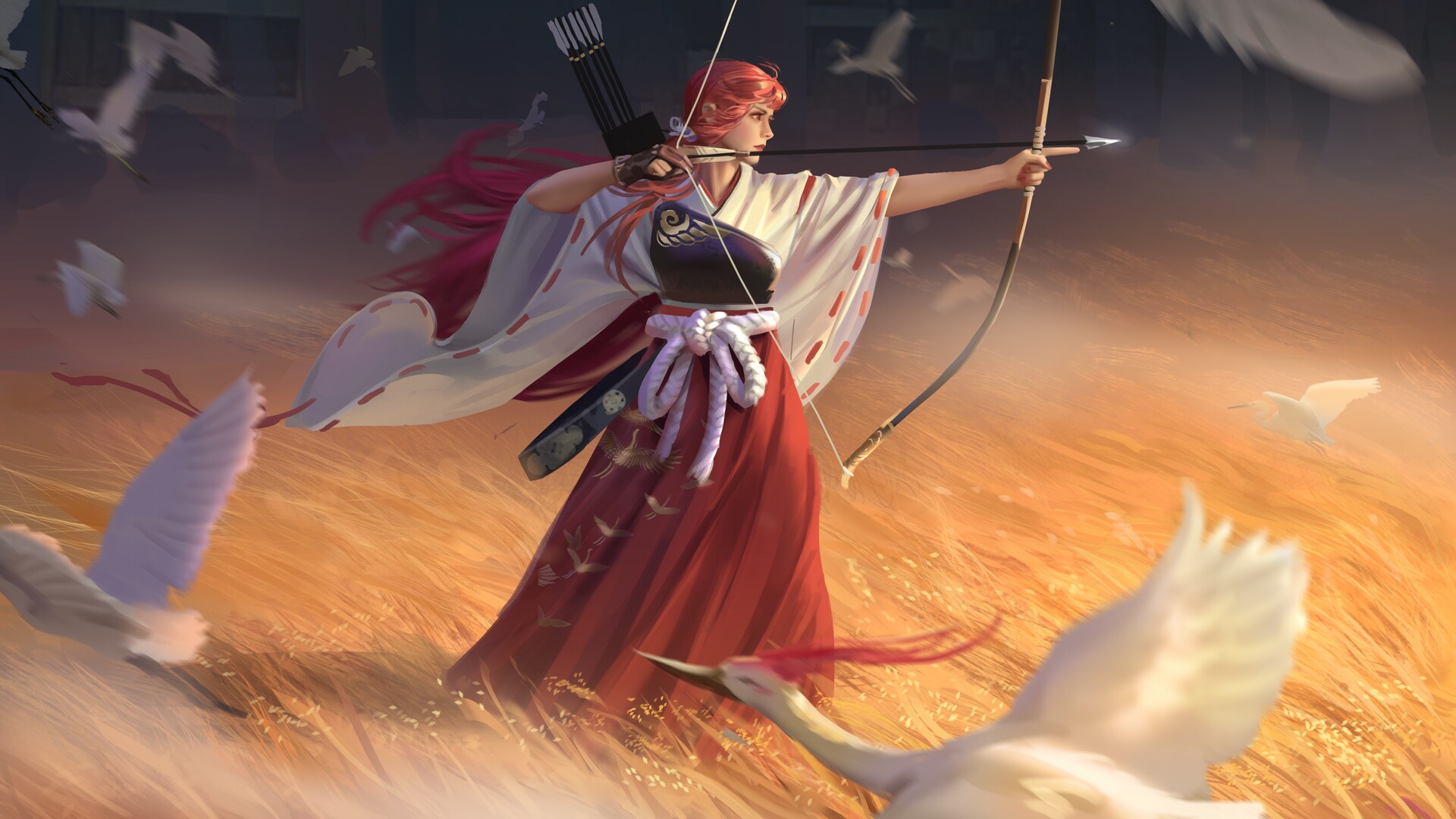 Download mobile wallpaper Fantasy, Bird, Pink Hair, Archer, Long Hair, Woman Warrior for free.