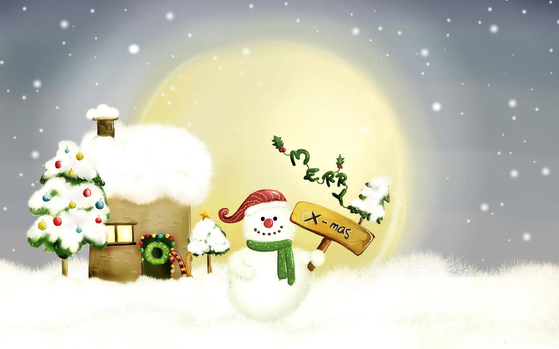Handy-Wallpaper Feiertage, Schnee, Weihnachten, Schneemann, Haus, Weihnachtsbaum, Sonne, Frohe Weihnachten kostenlos herunterladen.