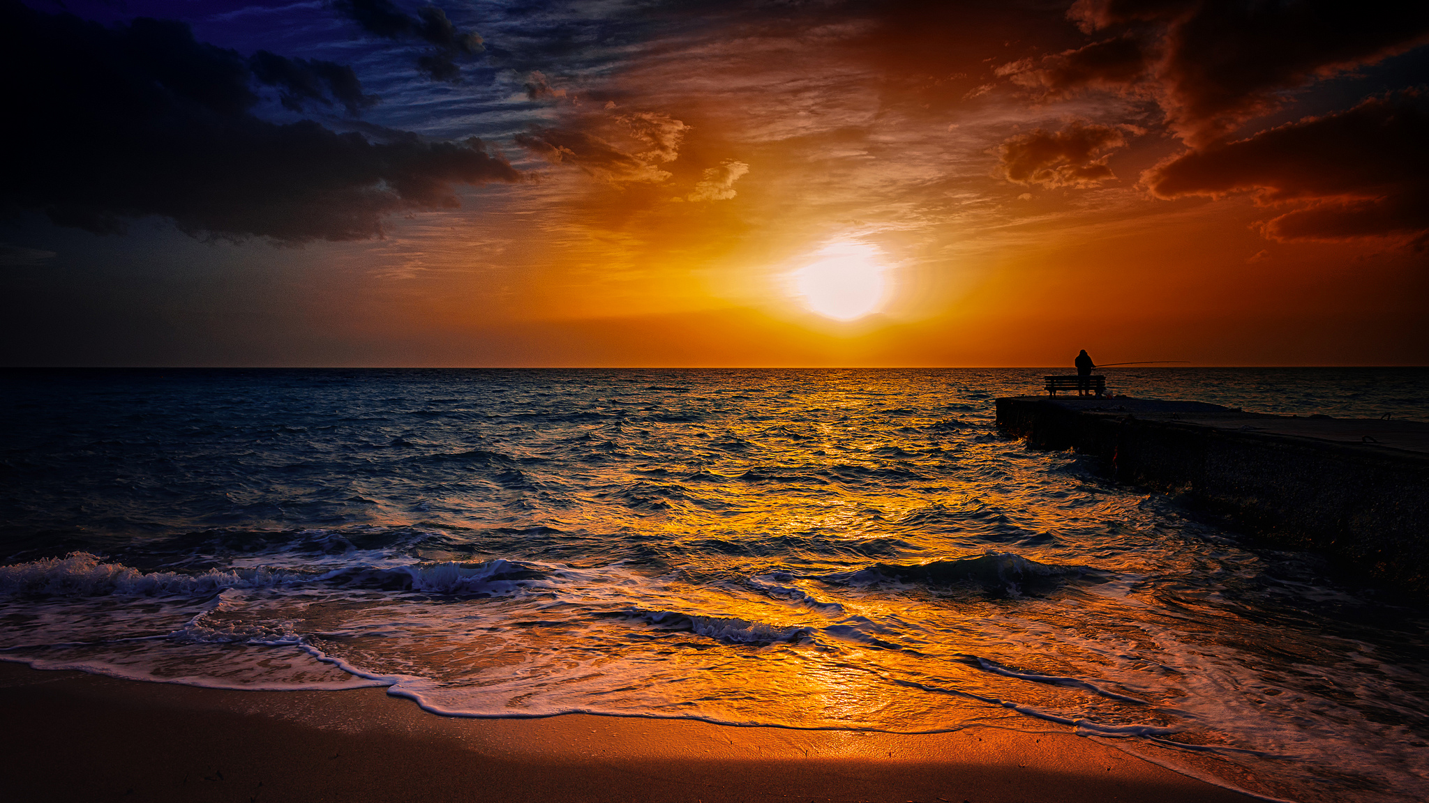 Download mobile wallpaper Sunset, Sky, Sun, Beach, Horizon, Dark, Ocean, Cloud, Photography for free.
