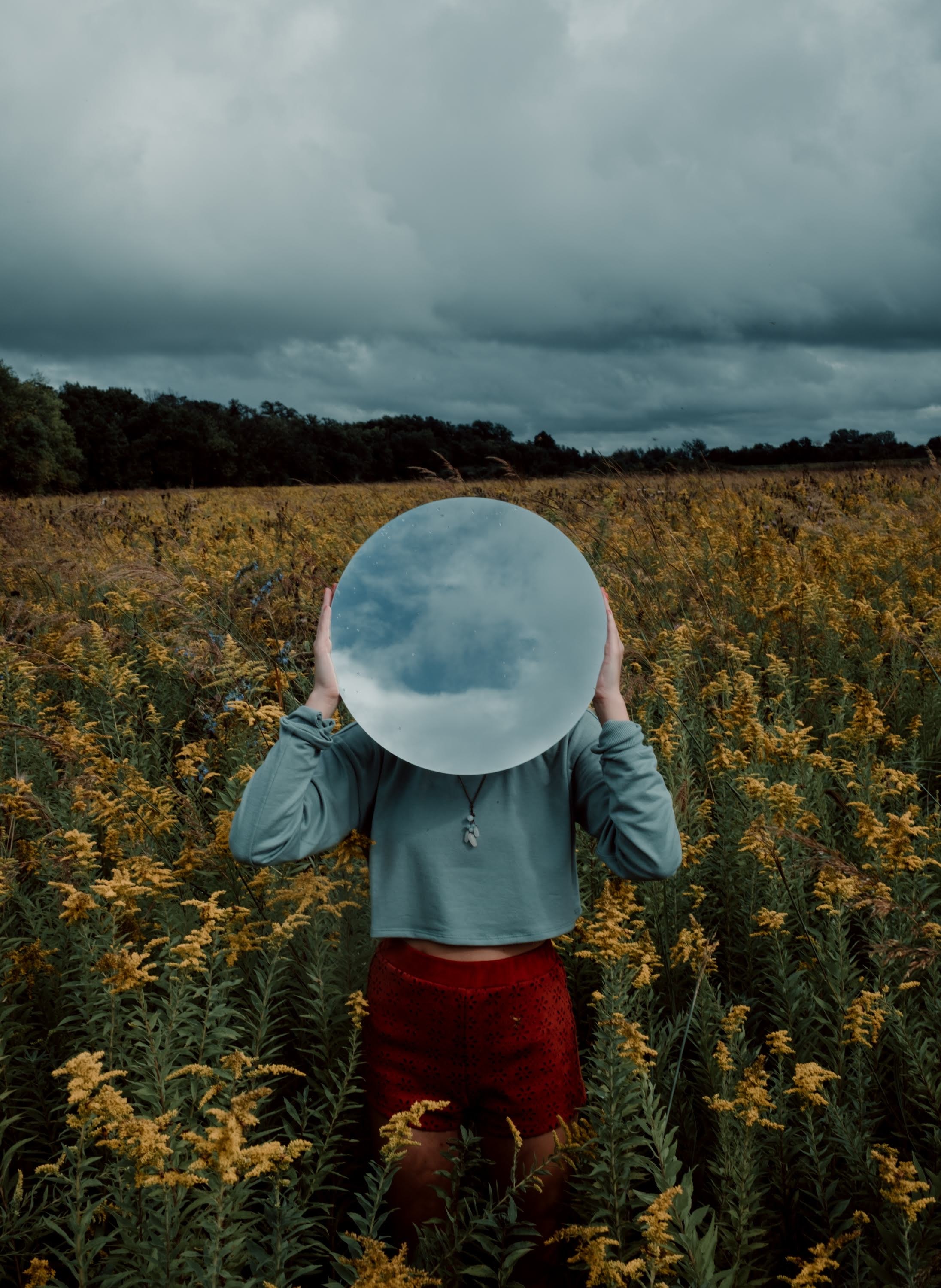 Free download wallpaper Miscellanea, Mirror, Miscellaneous, Reflection, Field, Girl, Anonymous on your PC desktop