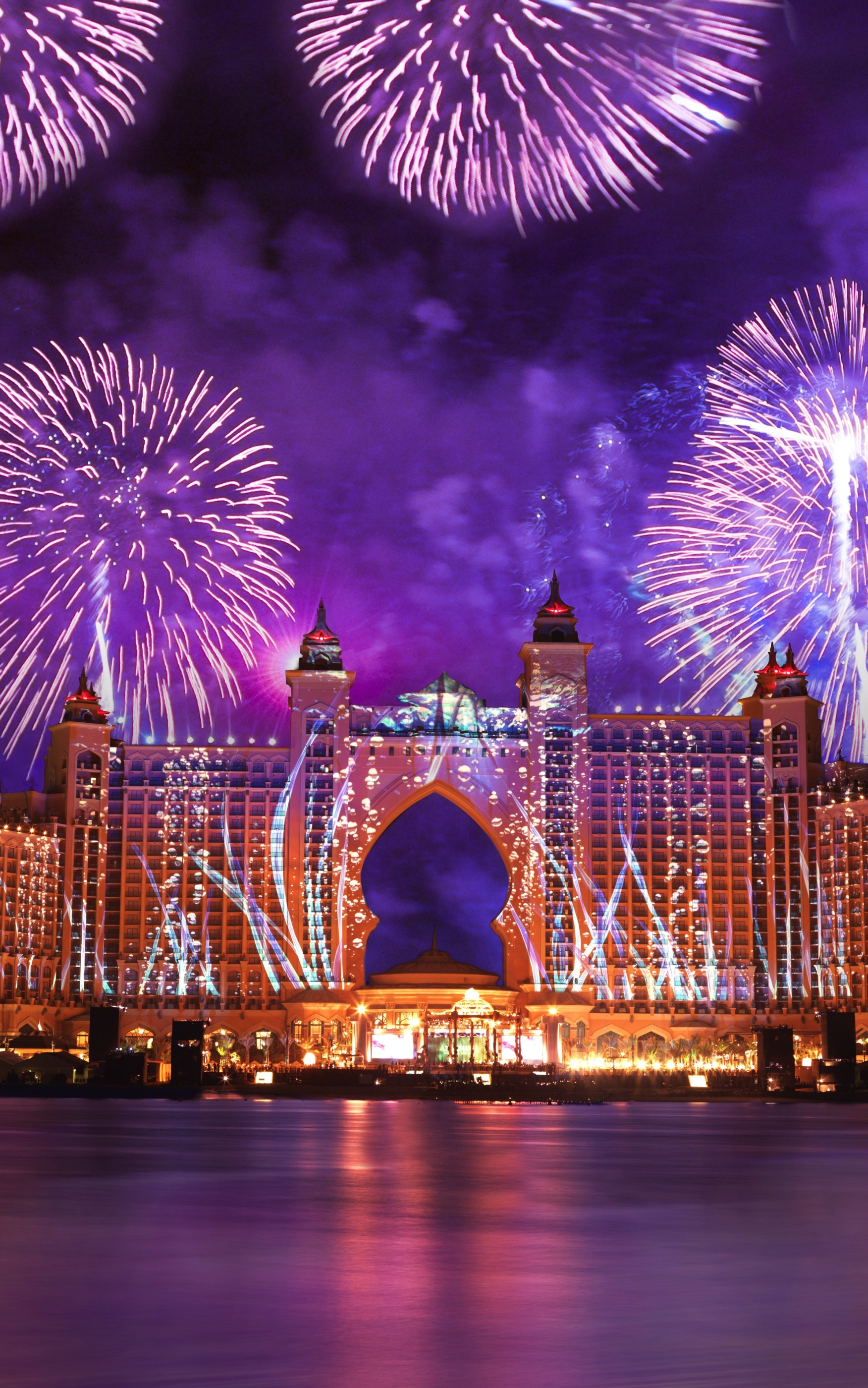 Download mobile wallpaper Night, Dubai, Fireworks, Hotel, Atlantis Hotel, Man Made, Atlantis The Palm for free.