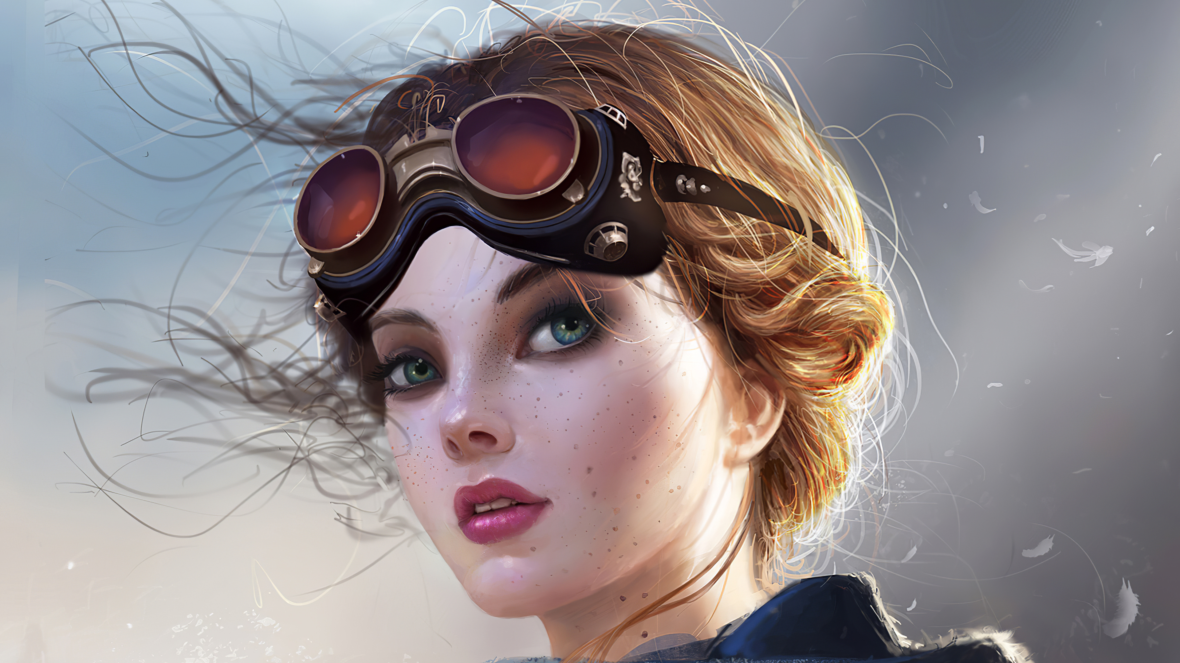 Free download wallpaper Artistic, Face, Women, Blue Eyes, Orange Hair, Goggles on your PC desktop