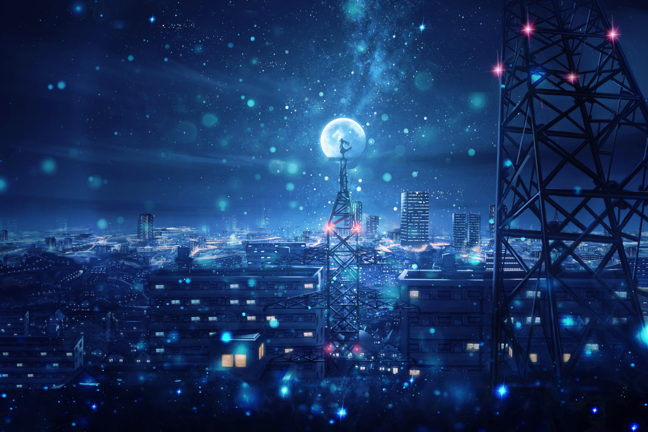 Скачать картинку Аниме, Небо, Ночь, Город, Снегопад, Токийская Башня в телефон бесплатно.