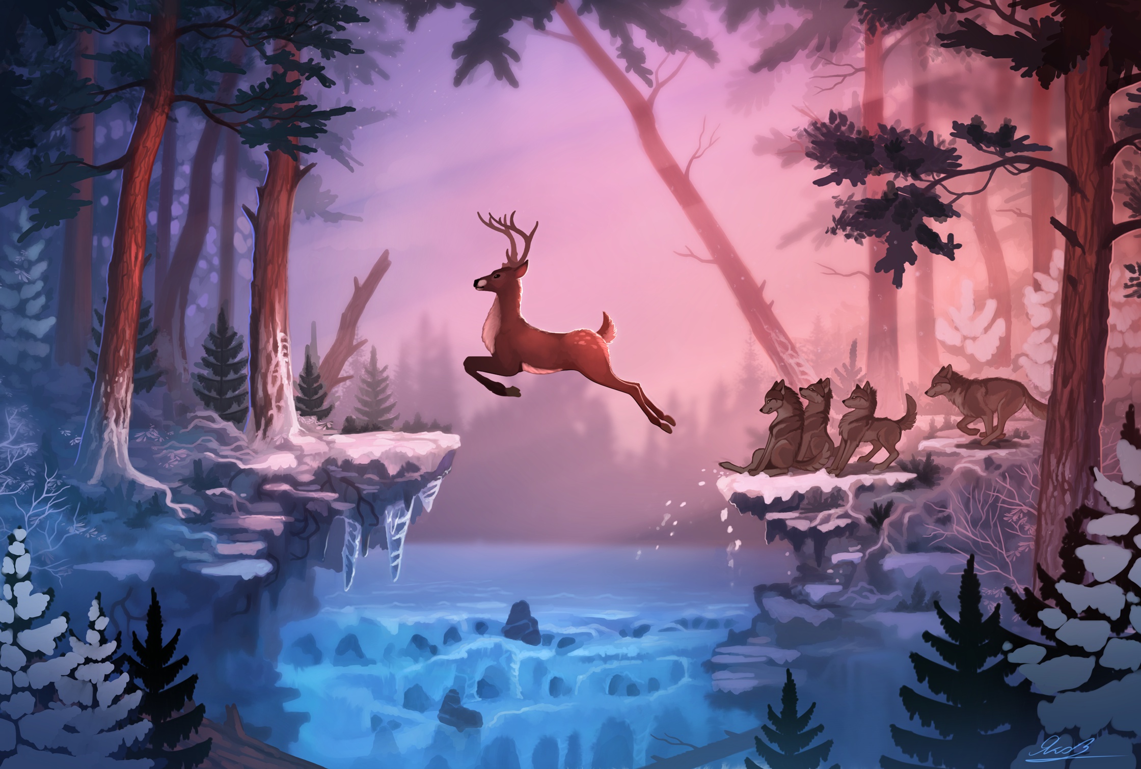 Download mobile wallpaper Landscape, Winter, Fantasy, Wolf, Deer, Fantasy Animals for free.