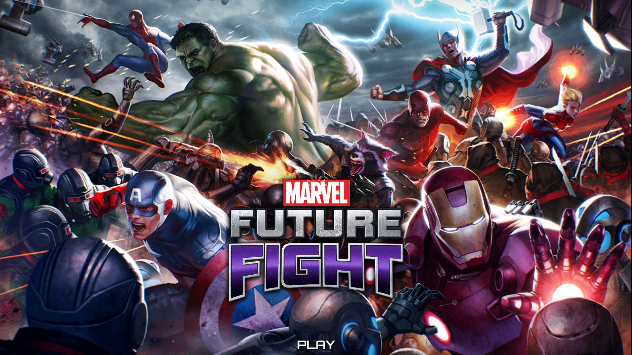video game, marvel: future fight, ant man, captain america, daredevil, hulk, iron man, rocket raccoon, spider man, thor